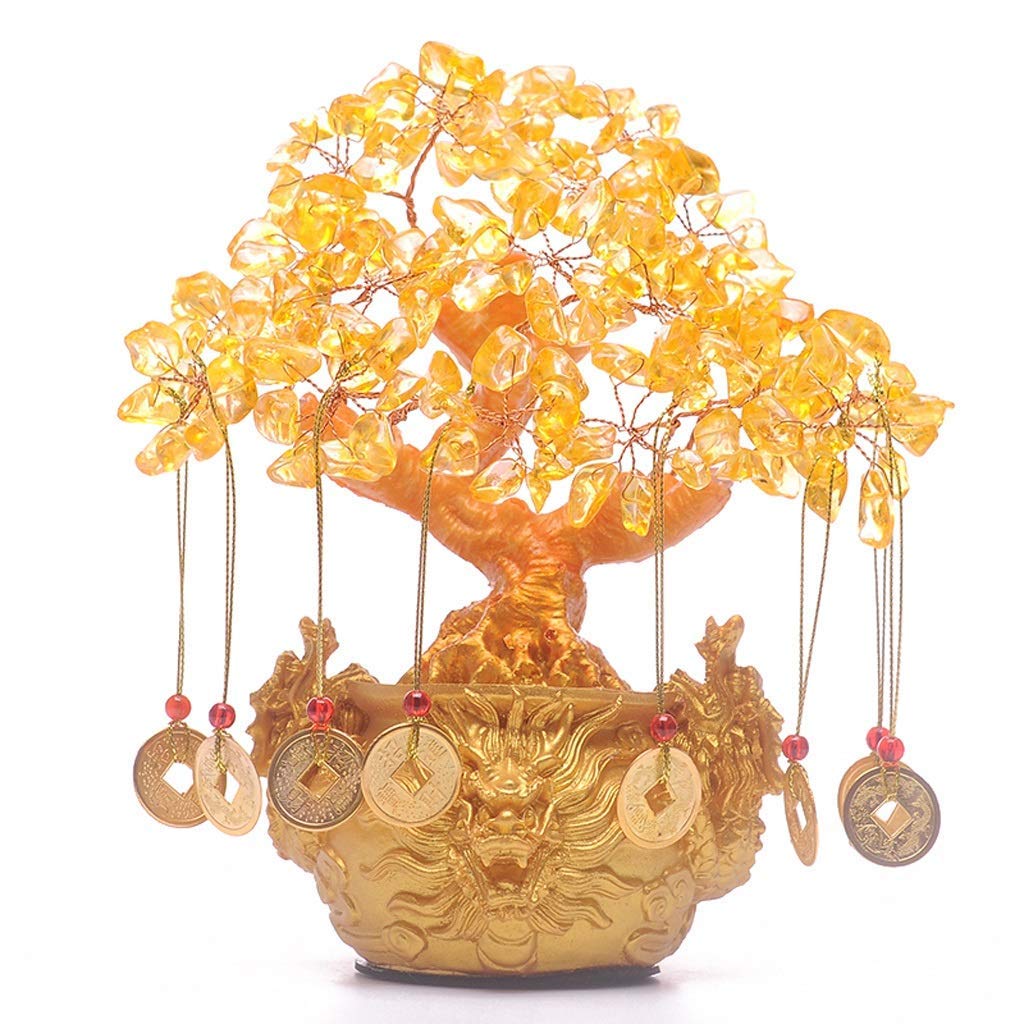 Citrine Quartz Crystal Money Tree Bonsai - Feng Shui Wealth & Luck Decor with Chinese Dragon Pot - Home Office Desk Decor for Good Fortune (Medium Size)