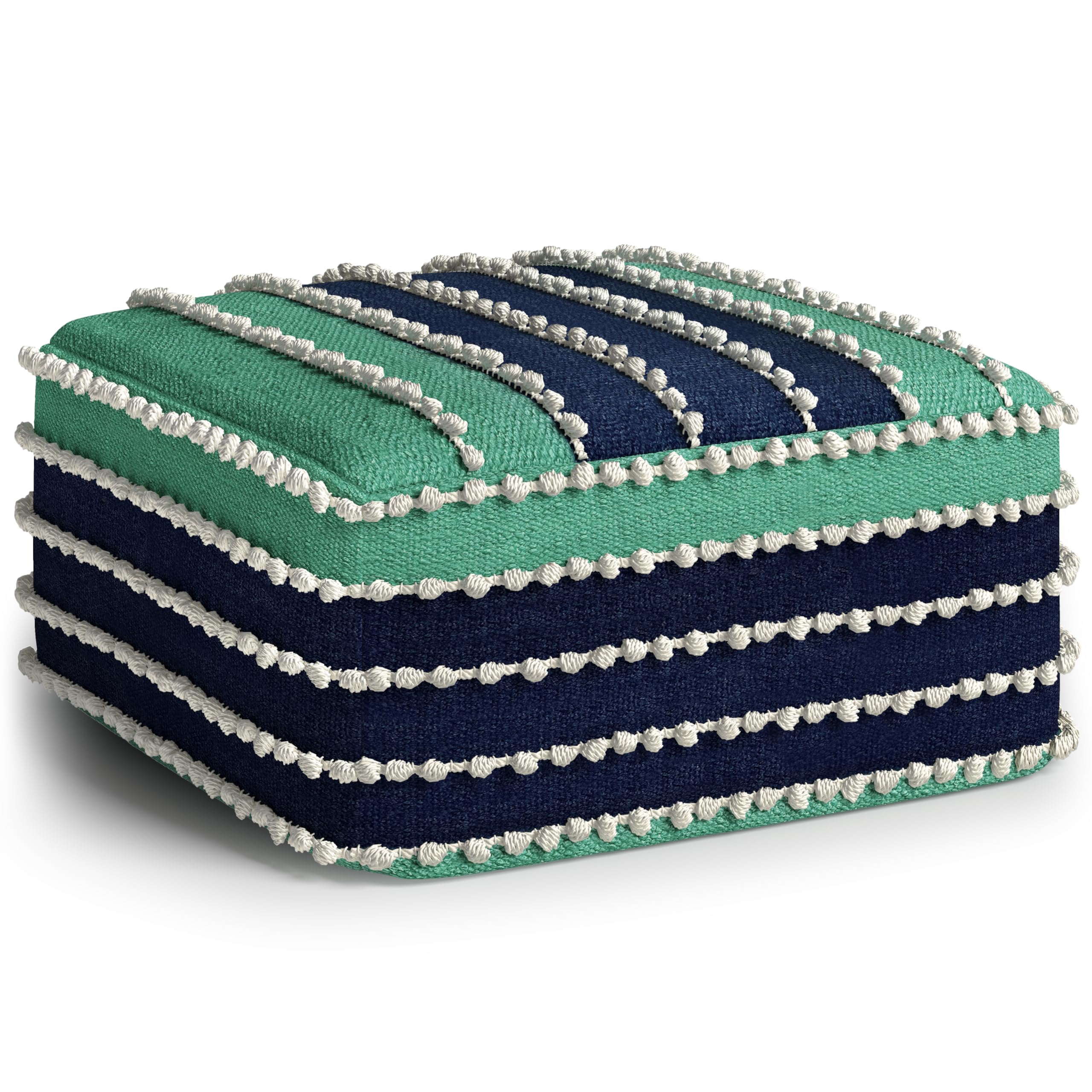 SIMPLIHOME Garbo Boho Square Woven Pouf - Indoor/Outdoor Ottoman in Aqua, Navy & White | Eco-Friendly Recycled PET Polyester | Perfect for Living Room, Bedroom & Kids Room Decor | Great for Seating, Footrest or Side Table