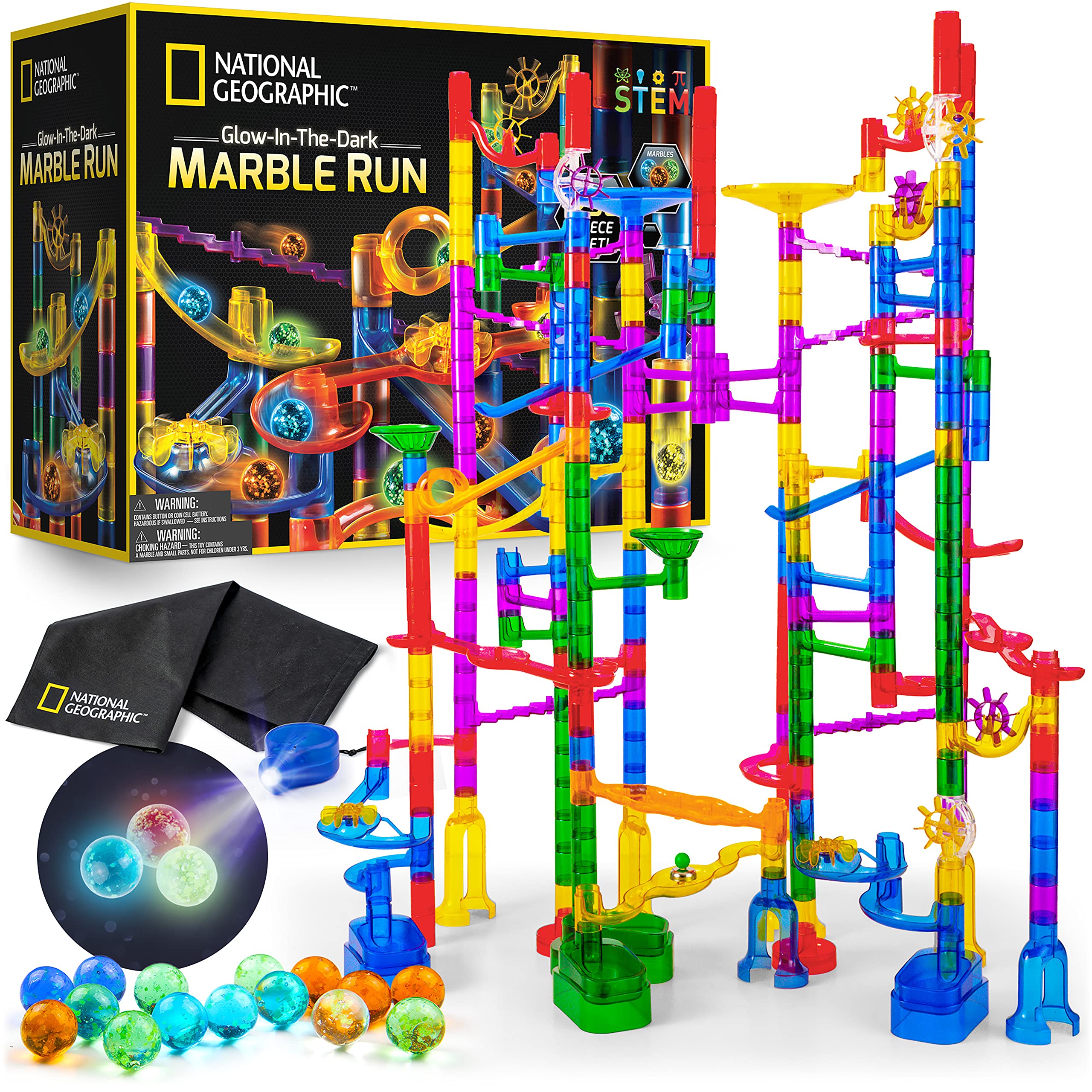 NATIONAL GEOGRAPHIC Glowing Marble Run STEM Building Toy - 250-Piece Construction Set with 50 Glow-in-The-Dark Glass Marbles & Storage Bag, Educational Gift for Boys & Girls Ages 6-12 | Fun Indoor Activity for Kids Birthday & Family Game Night (Amazon Exclusive)