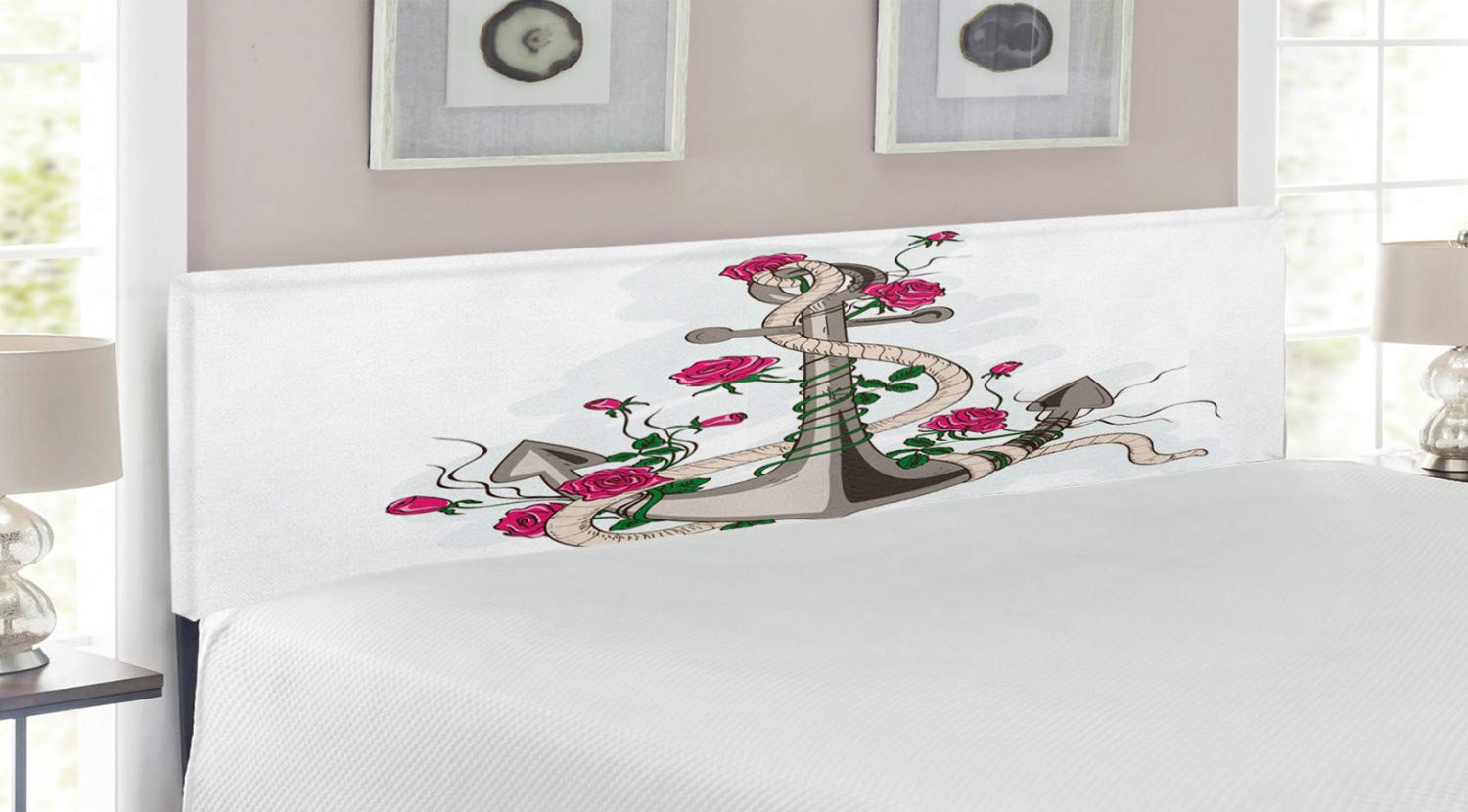 Ambesonne Rose Headboard - Hand Drawn Floral & Nautical Design, Upholstered Metal Bed Frame with Memory Foam, King Size in Hot Pink Green Taupe - Perfect for Coastal & Bohemian Bedroom Decor
