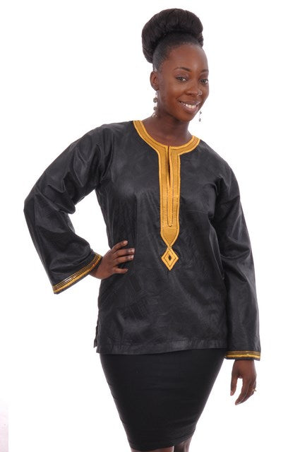 Elegant Black Brocade Dashiki Top with Gold Embroidery for Women - African Print Tunic Blouse - Perfect for Parties, Weddings & Cultural Events DP3460