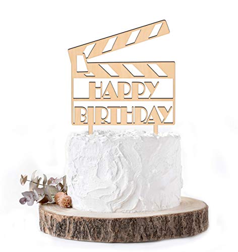 Movie Night Cake Topper - Clapboard & Cinema Theme Wooden Cake Decor - Rustic Natural Wood Cake Topper for Birthday, Wedding, Film-Themed Parties