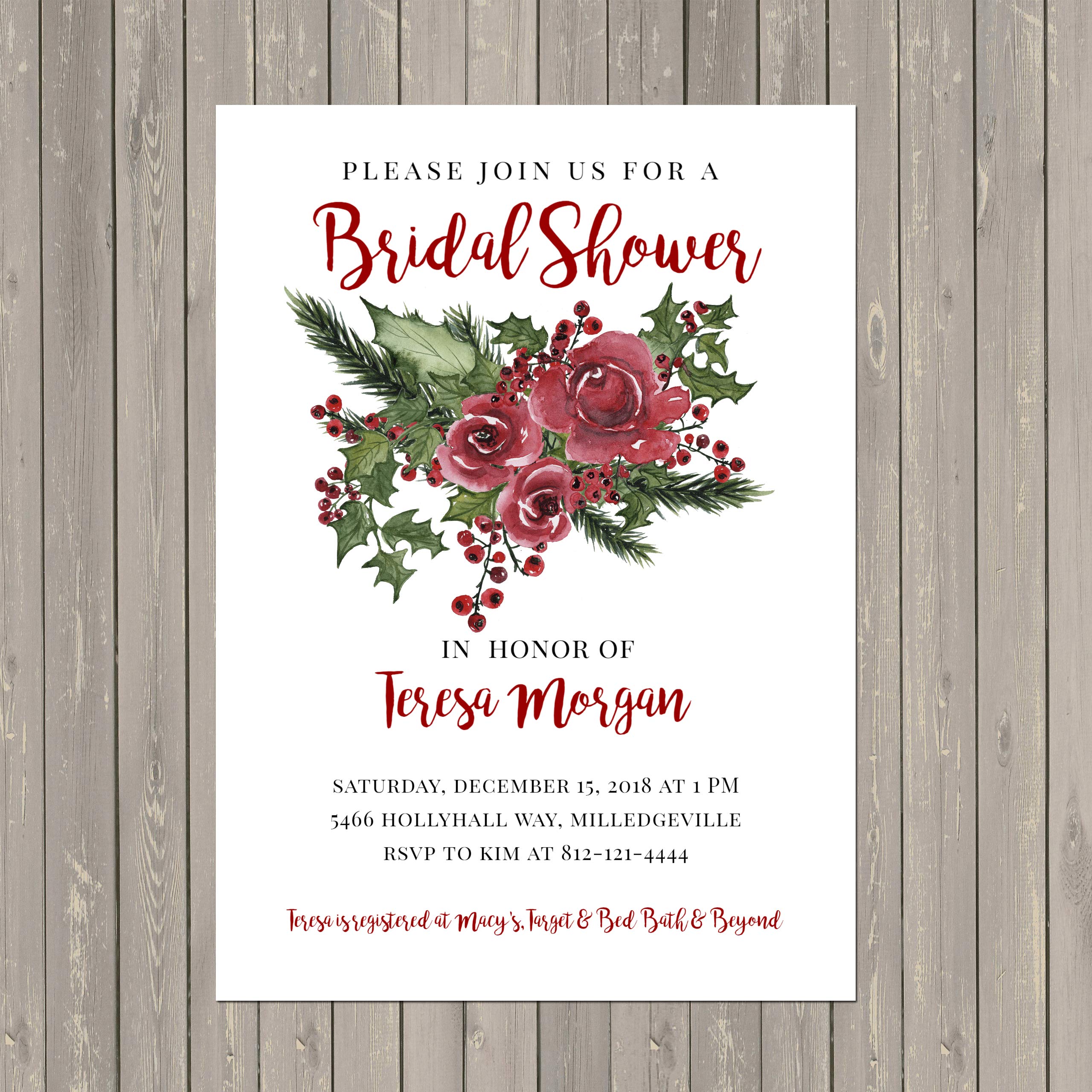 Elegant Christmas Watercolor Floral & Berries Burgundy Green Bridal Shower Invitations - Set of 10 5x7 inch Premium Cardstock with White Envelopes - Perfect for Holiday Weddings, Bridal Showers & Christmas Celebrations
