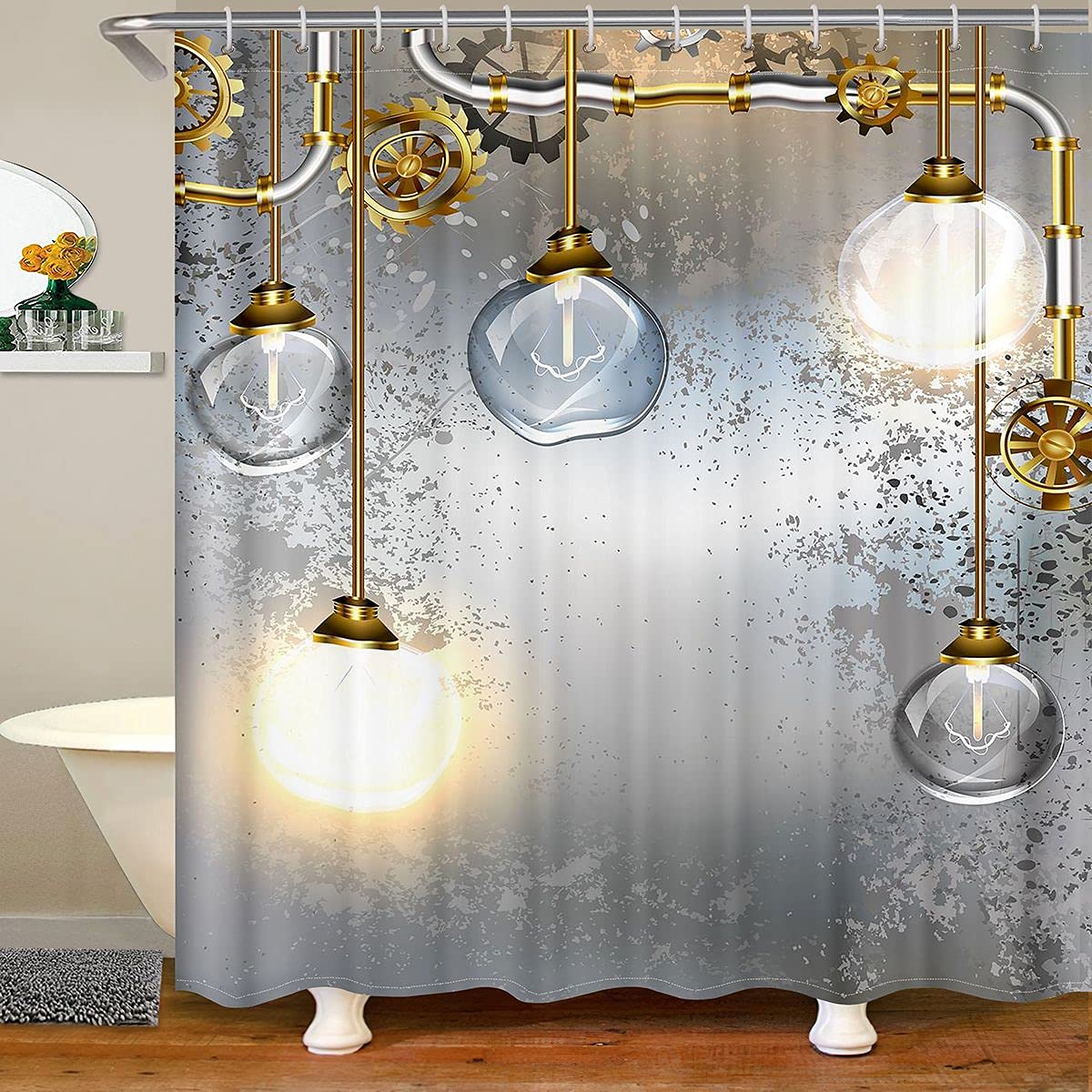 Kids Round Light Bulbs Shower Curtain - Golden Grey Farmhouse Bathroom Decor for Girls, 72x72 Inch Water Repellent Polyester Set - Perfect for Bathroom Stalls, Bathtubs & Kids' Farmhouse Themed Bathrooms