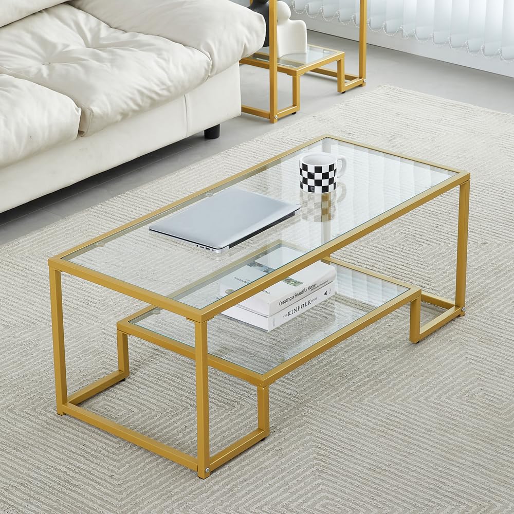 Golden Metal Glass Coffee Table - Two-Tiered with Tempered Glass Top, Sturdy Metal Frame for Living Room, Bedroom, Office - Perfect for Small Spaces and Modern Home Decor