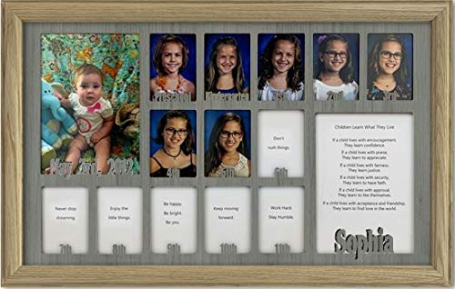 Personalized Northland School-Years Picture Frame - Holds Twelve 2.5x3.5 School Photos & Two 5x7 Graduation/Birthday Pictures, Unfinished Wood Frame with Dark Gray Insert, Custom Name Engraving, 12x20 Inches - Perfect for School Memories, Graduation Gifts & Family Photo Displays