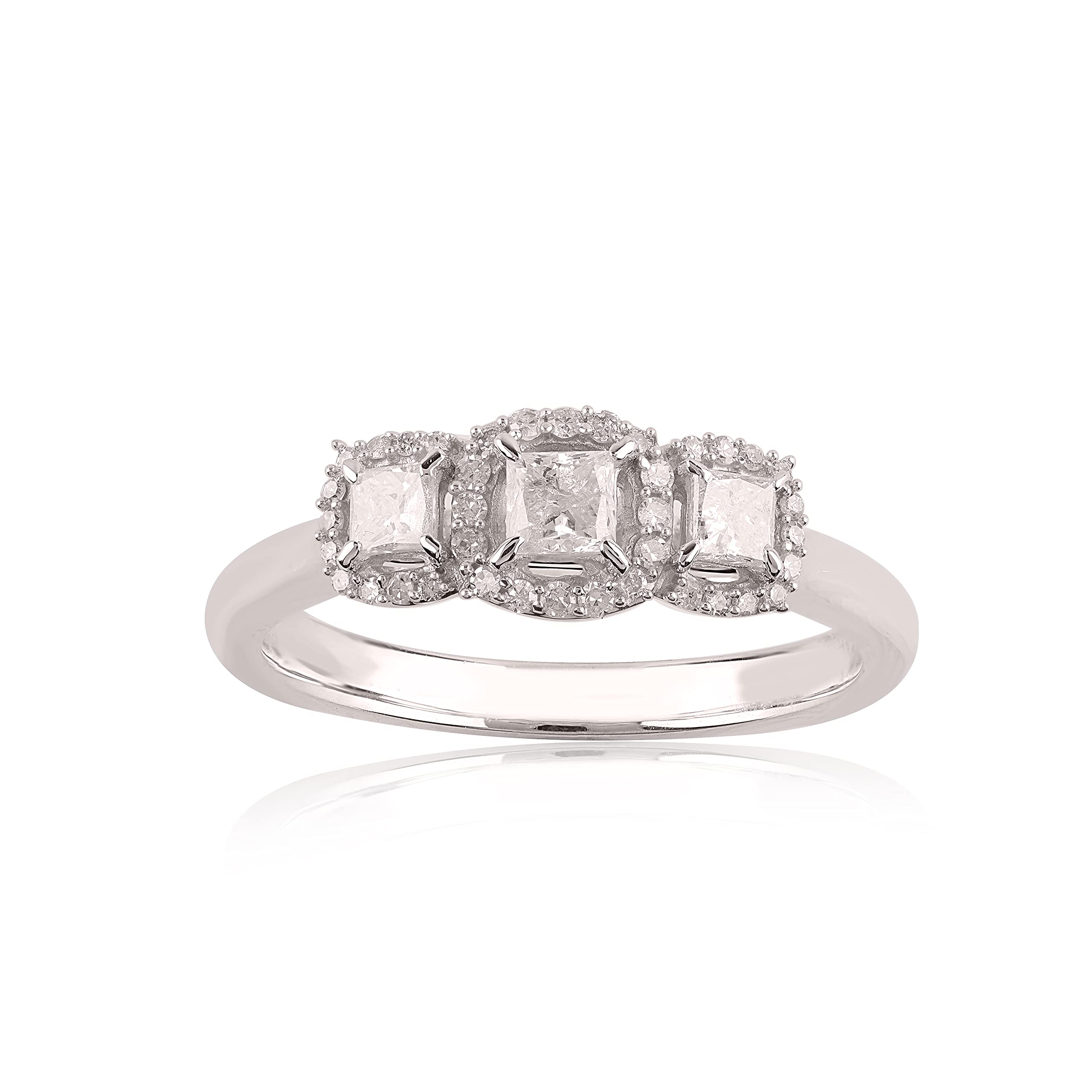 1/2 Carat Princess & Round Cut Natural Diamond 10K White Gold Three-Stone Wedding Ring (I-J Color, I3 Clarity) – Elegant Bridal Jewelry for Engagement, Anniversary & Special Occasions