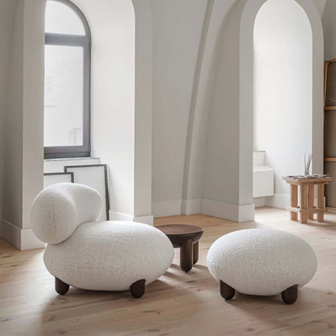 Japandi Style White Boucle Sherpa Round Accent Chair with Wooden Legs & Ottoman - Modern Scandinavian Minimalist Lounge Chair for Living Room, Bedroom or Office
