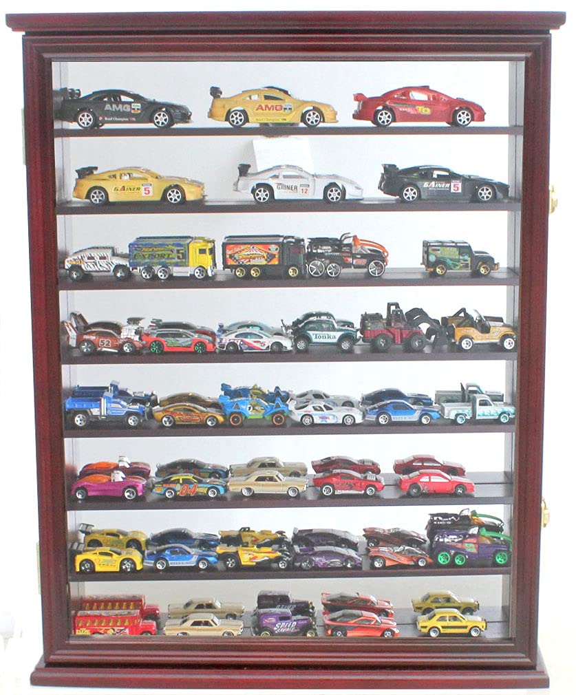 1/64 & 1/43 Scale Diecast Toy Cars Display Case - Matchbox & Hot Wheels Collector's Cabinet with Cherry Finish - Perfect for Showcasing Model Cars Collection in Home or Office