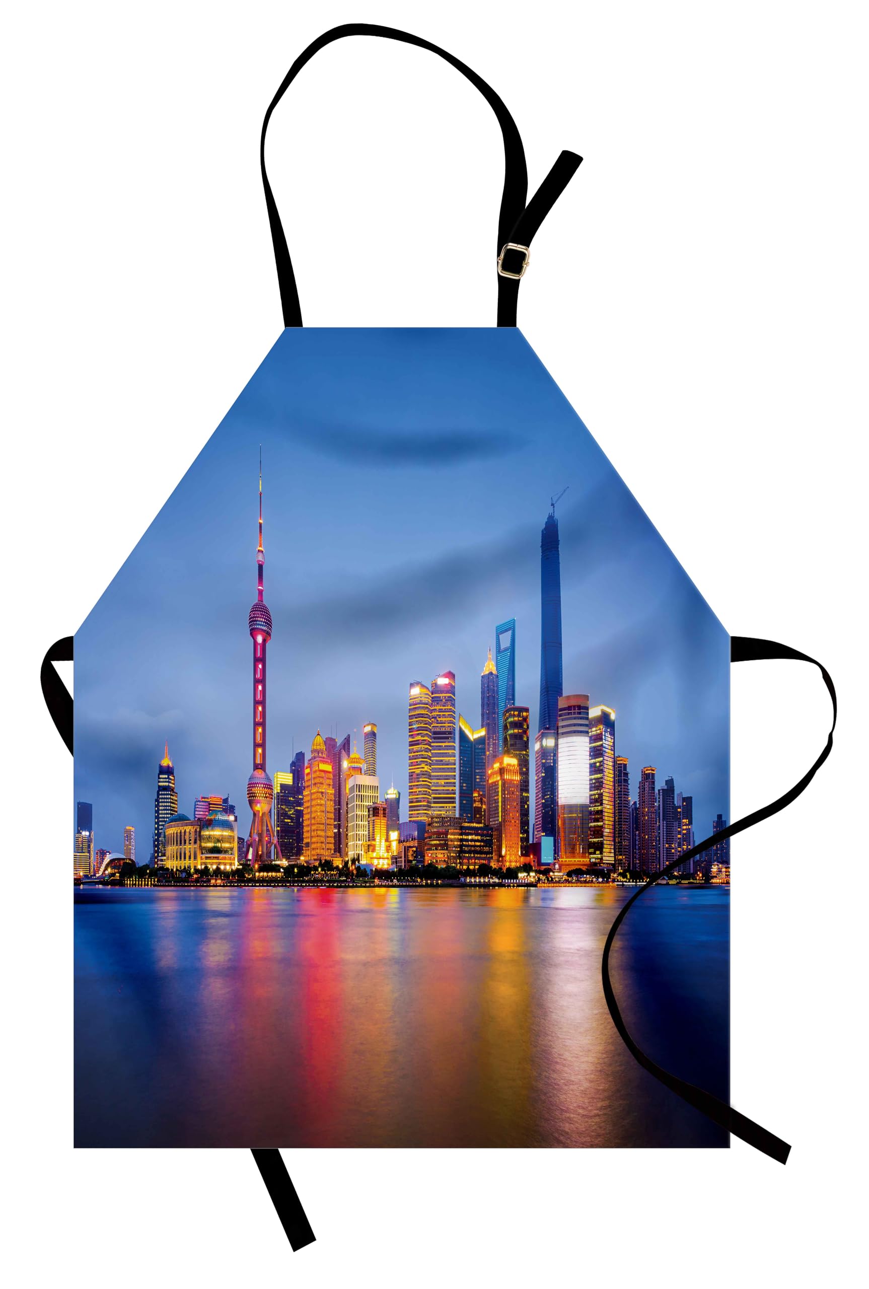 Ambesonne Urban Apron - Shanghai Skyline Design with Adjustable Ties for Cooking, Baking & Painting | Small Size Blue Pink Yellow Apron for Home Kitchen, Art Studio & Outdoor BBQ