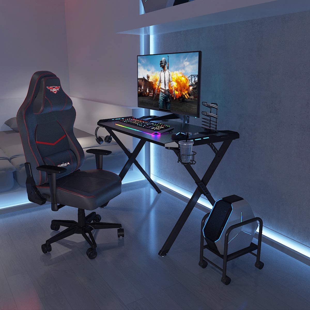 RGB Gaming Desk with LED Lights - 44 x 24 Inches Computer Desk for Home Office & Study | Includes Free Mouse Pad, Handle Rack, Cup Holder & Headphone Hook | Perfect for Gaming Setup, Remote Work & Online Learning