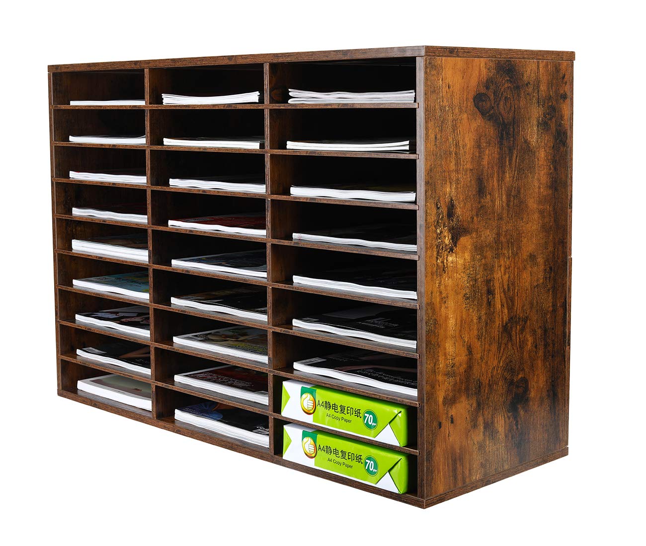Wooden PAG Mail Sorter Organizer - 27 Compartments Literature & Bill Organizer for Classroom, Office, Home & School - Antique Brown Desktop Paper Management System - Perfect for Teachers, Students & Office Workers to Organize Mail, Documents and Important Papers