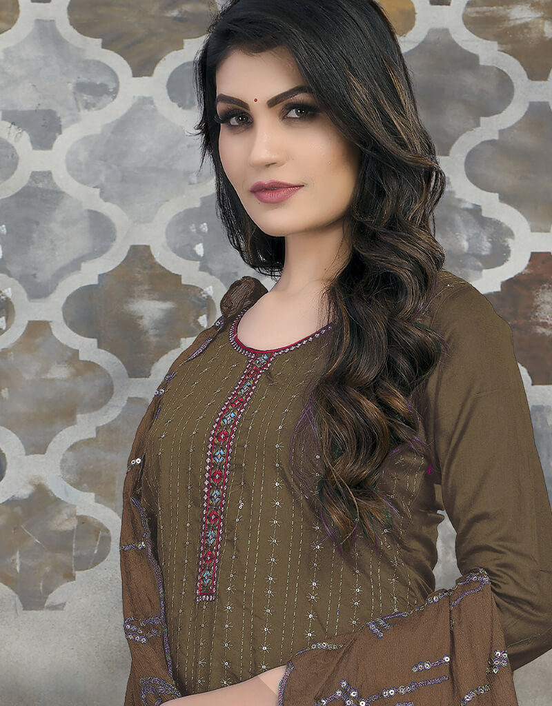 Elegant Brown Glace Cotton Chudidar Salwar Suit for Women - Traditional Indian Ethnic Wear for Festivals, Weddings & Special Occasions