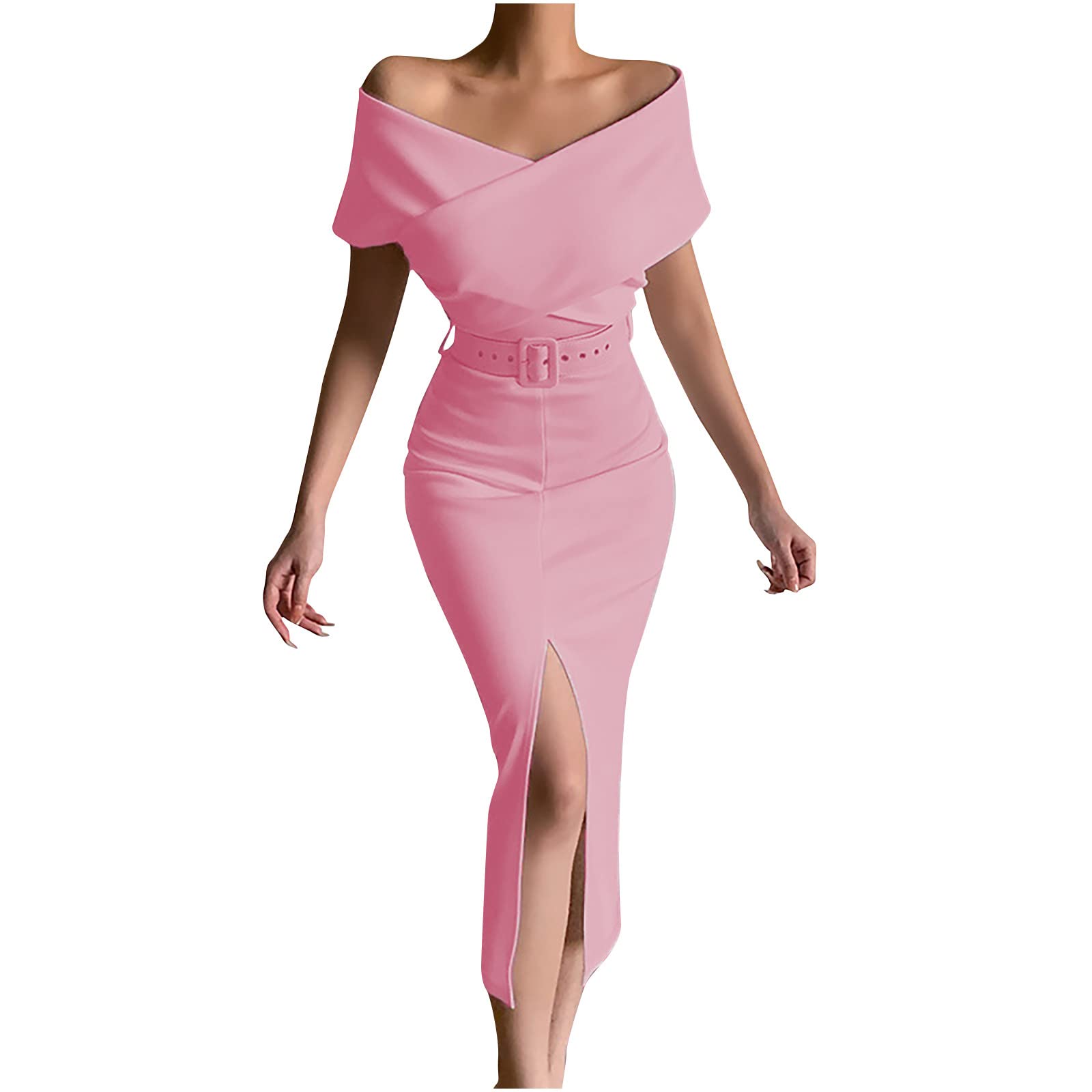 Elegant Women's Strapless Off Shoulder Split Midi Dress with Belt - Prom, Formal, Party & Cocktail Dress for Special Occasions | Perfect for Weddings, Date Nights & Evening Events