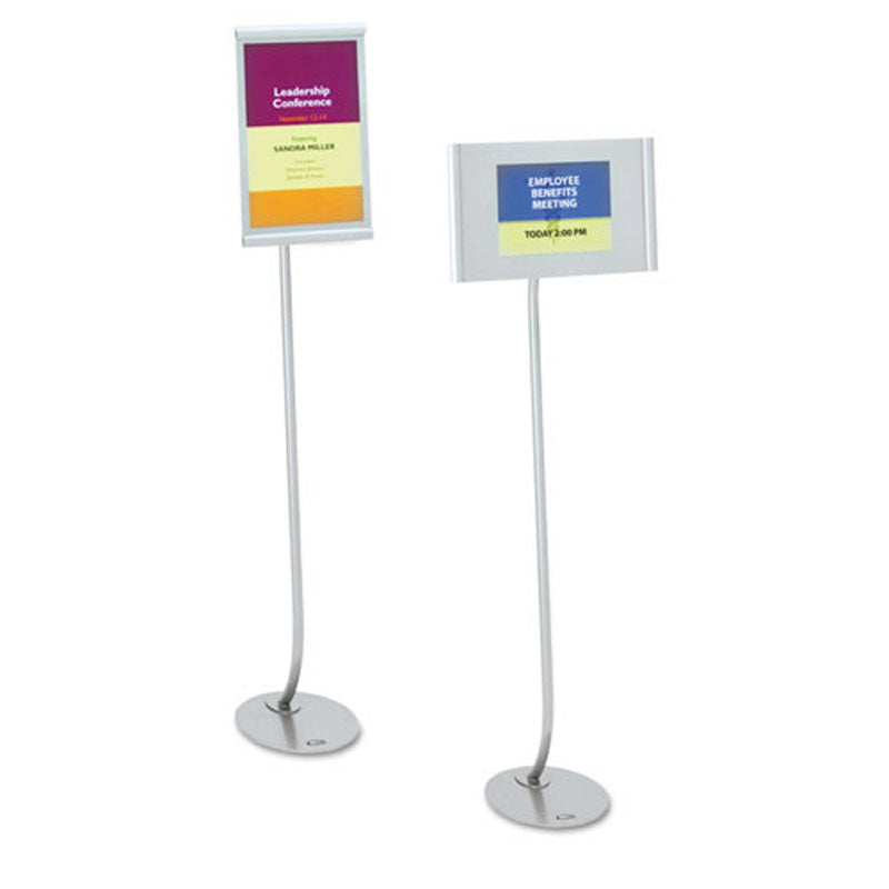 Premium Designer Sign Stand with Revolving Frame - Fits 11x17 Signs, Silver Metal Base - Perfect for Retail Displays, Trade Shows & Office Decor
