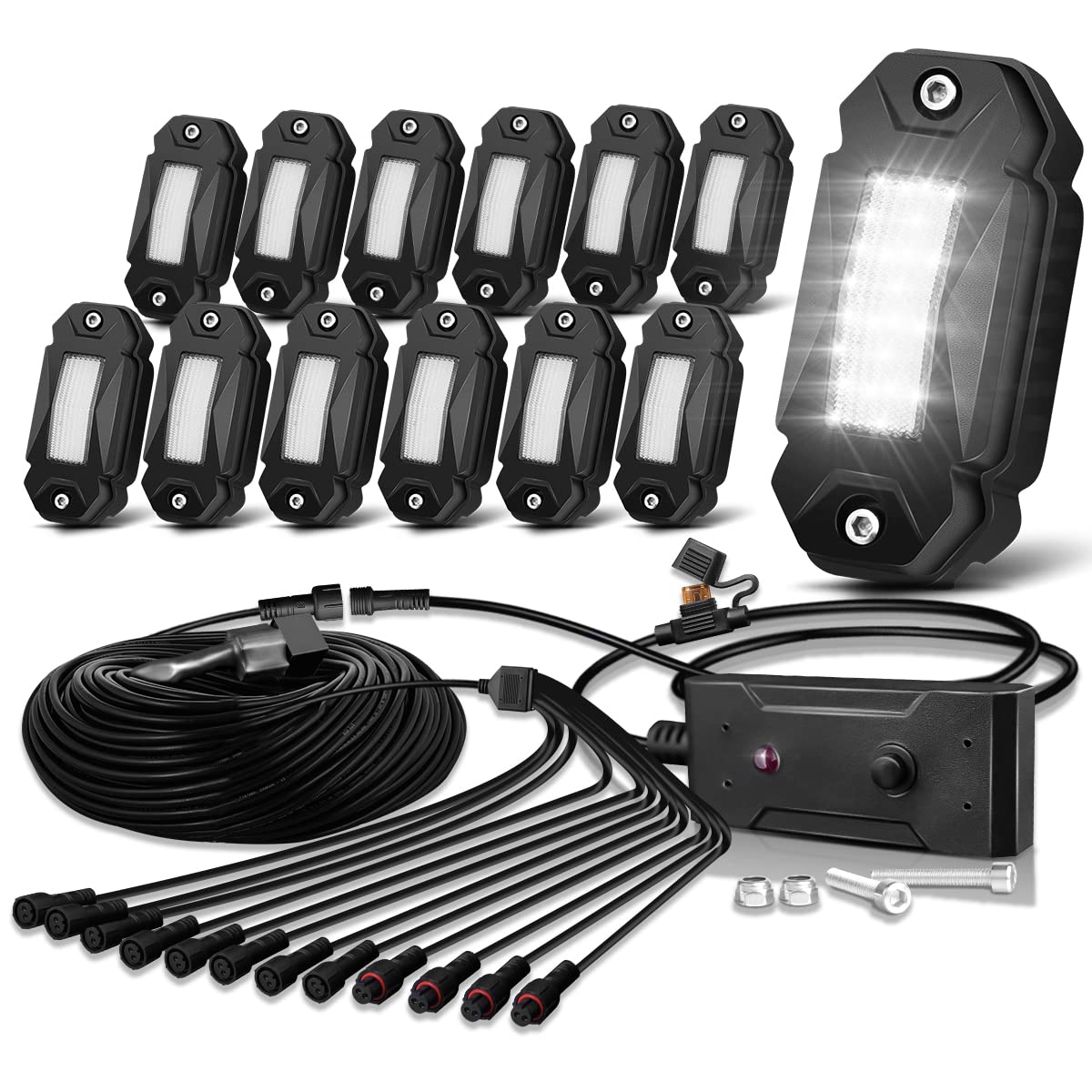 LEDMIRCY R2 White LED Rock Lights Kit - 12PCS Off Road Underglow Lights with Switch & Wiring Harness for Trucks, ATV, UTV, RZR | Waterproof, Shockproof High Power Trail Rig Lighting | Perfect for Night Off-Roading, Camping & Outdoor Adventures