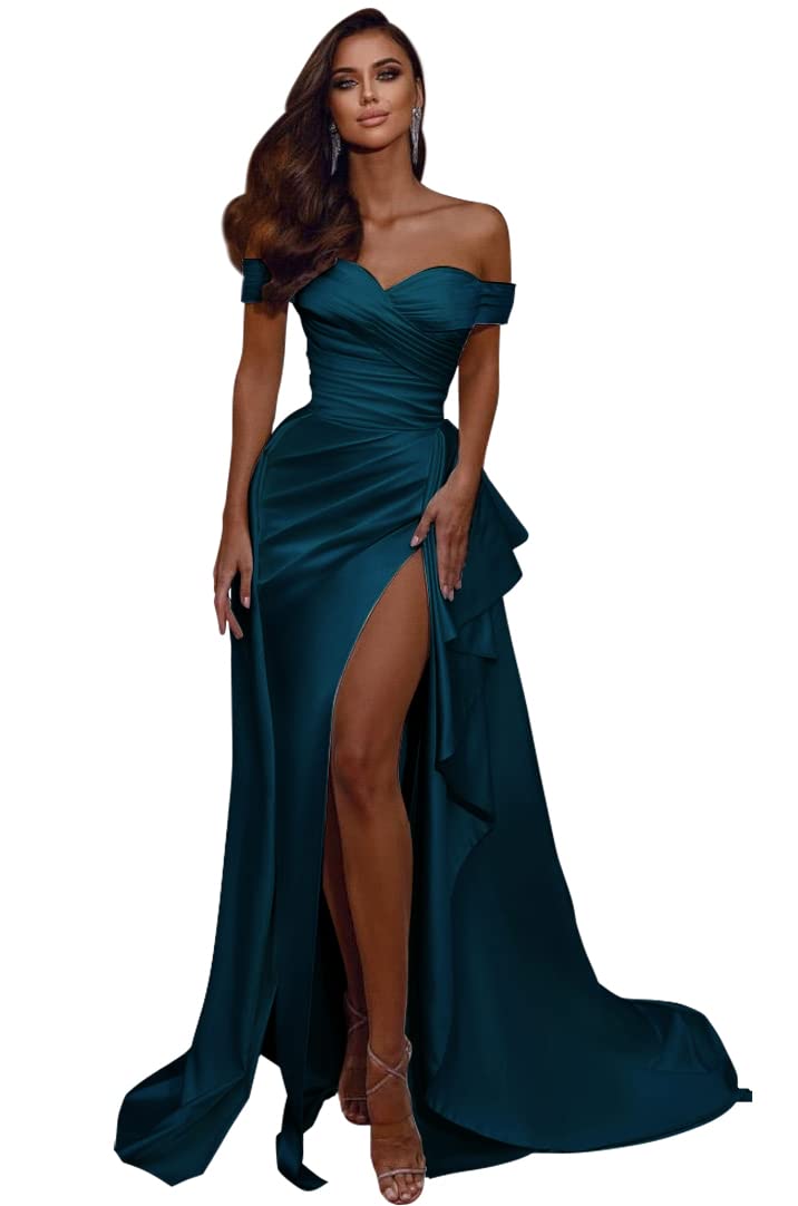Elegant Off Shoulder Mermaid Prom Dresses 2022 | Satin Formal Evening Gowns with High Slit | Women's Wedding & Party Dresses for Homecoming, Prom Night & Special Occasions