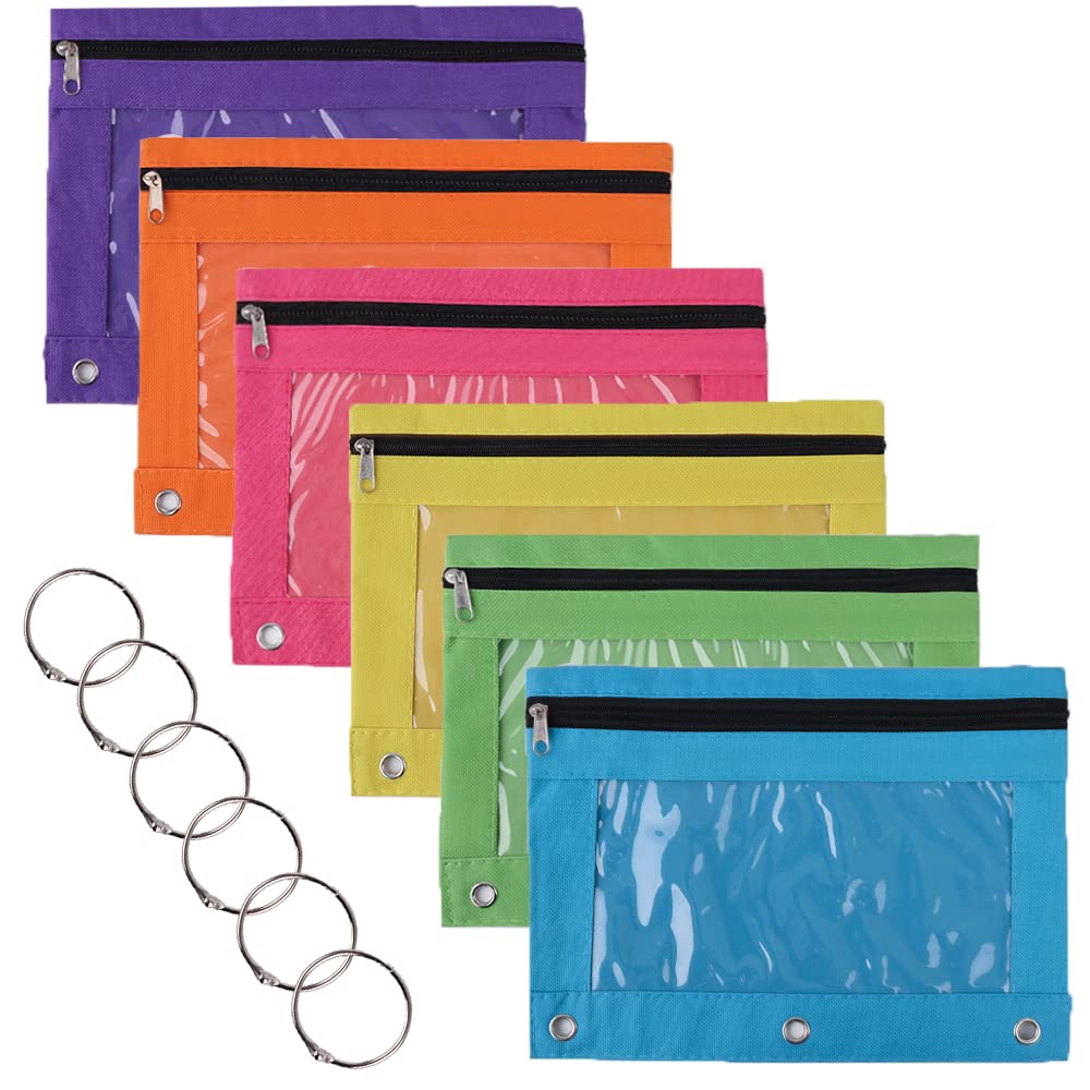 TOPTIE 6 Pack 3 Ring Binder Pencil Pouch with Clear Window - Zippered School & Office Supplies Organizer for Pens, Pencils & Stationery - Perfect for Students, Teachers & Professionals