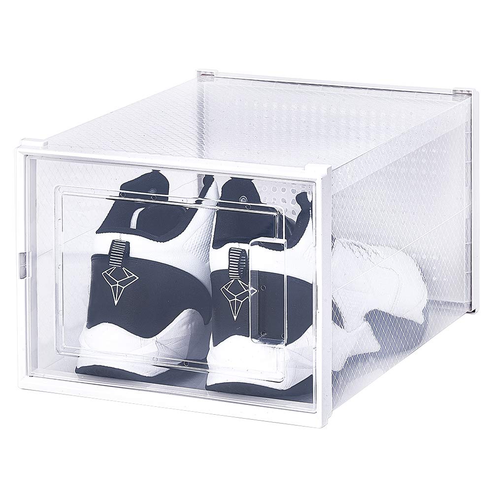 Stackable Clear Shoe Storage Box - Large Interlocking Plastic Shoe Organizer with Lid (White/Transparent) | Perfect for Closet Organization & Sneaker Collection Display