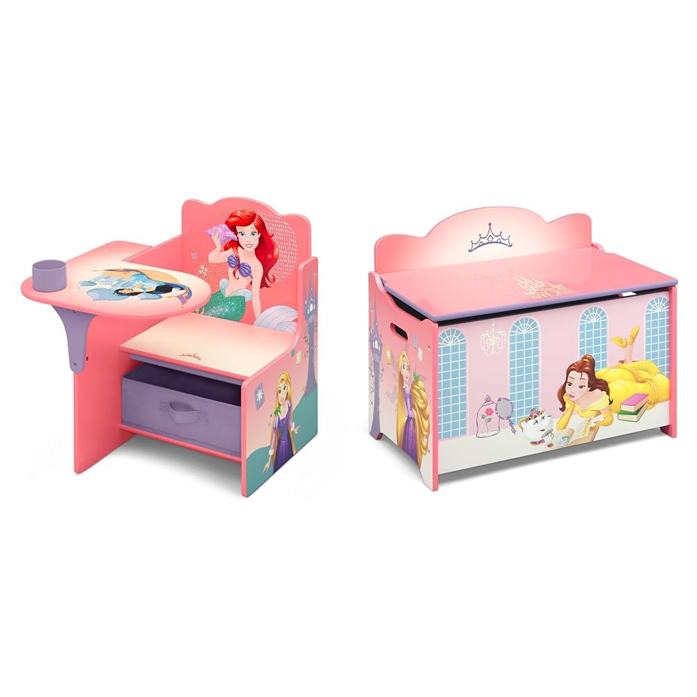Delta Children Disney Princess Chair Desk with Storage Bin & Deluxe Toy Box - Kids Study Desk, Playroom Furniture for Girls Bedroom, Homeschool & Pretend Play