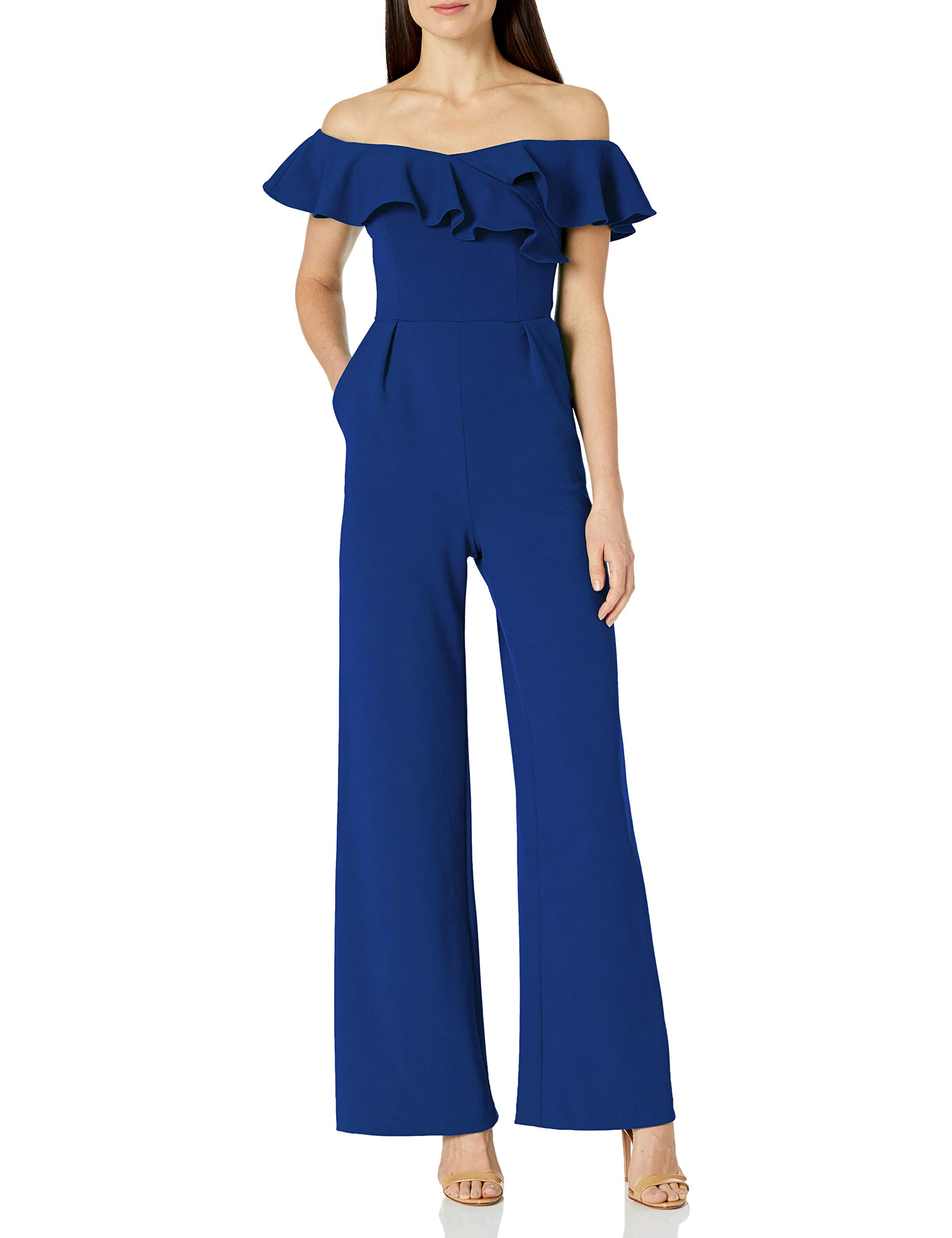 Calvin Klein Women's Off-the-Shoulder Ruffle Sleeve Jumpsuit | Elegant One-Piece Romper for Summer, Parties & Date Nights