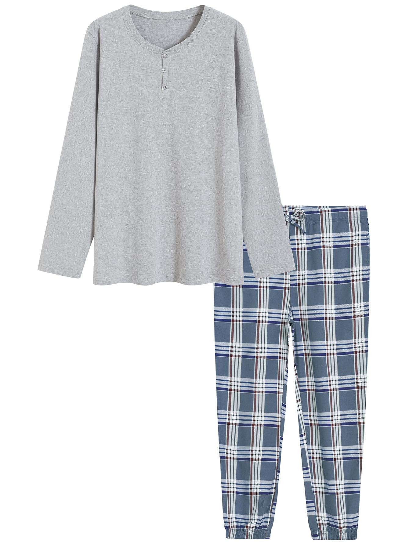 Men's Cotton Pajama Set - Long Sleeve Henley Top & Flannel Pants with Pockets | Soft & Comfortable Sleepwear for Winter, Lounge Wear at Home, Gift for Him