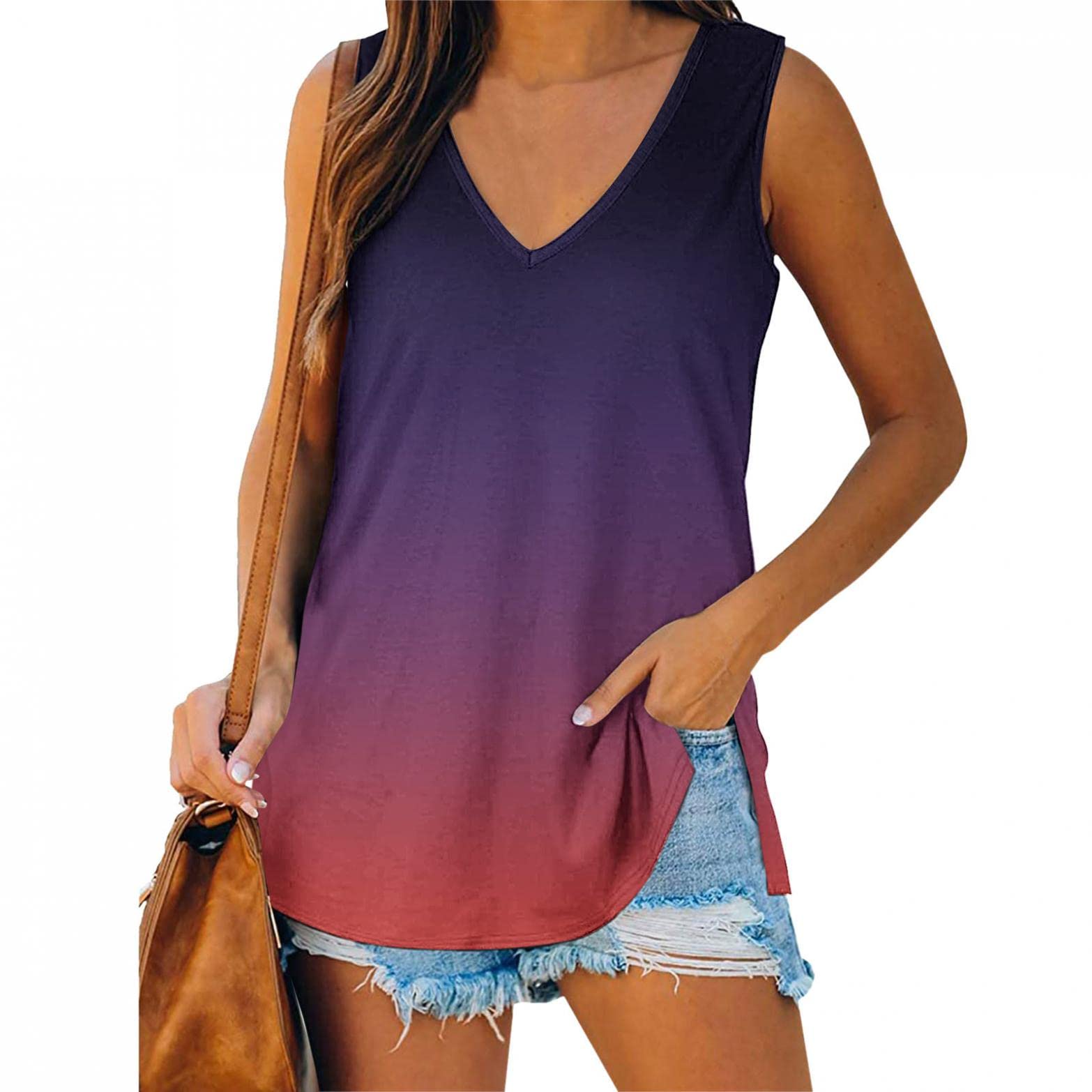 Trendy Women's V-Neck Sleeveless Tank Tops - Colorful Side Split Loose Fit Cami Blouse for Summer, Gym, Yoga & Casual Wear
