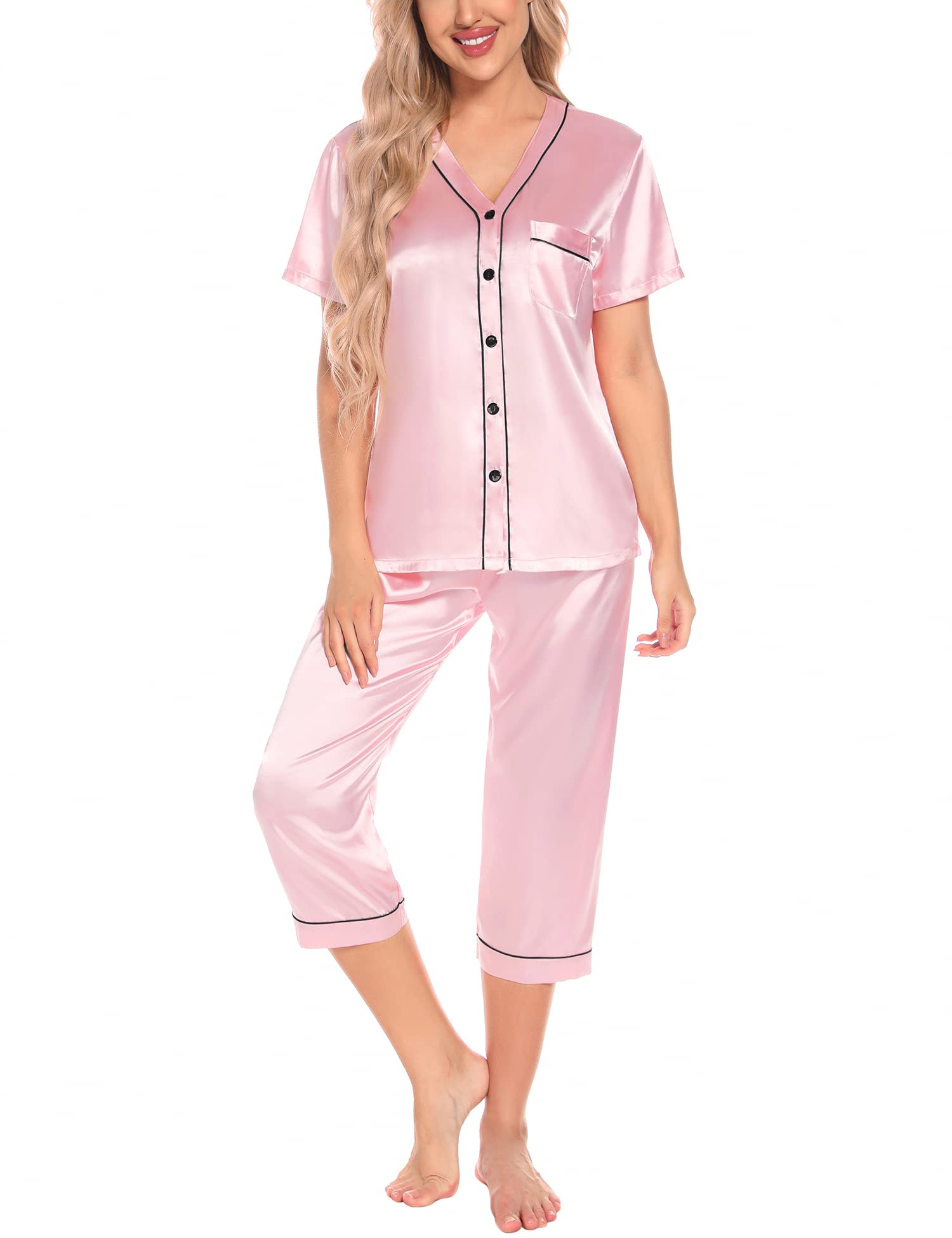 SWOMOG Women's Satin Pajama Set - V-Neck Short Sleeve Top & Capri Pants 2-Piece Lounge Wear for Sleep, Relaxation & Home Comfort