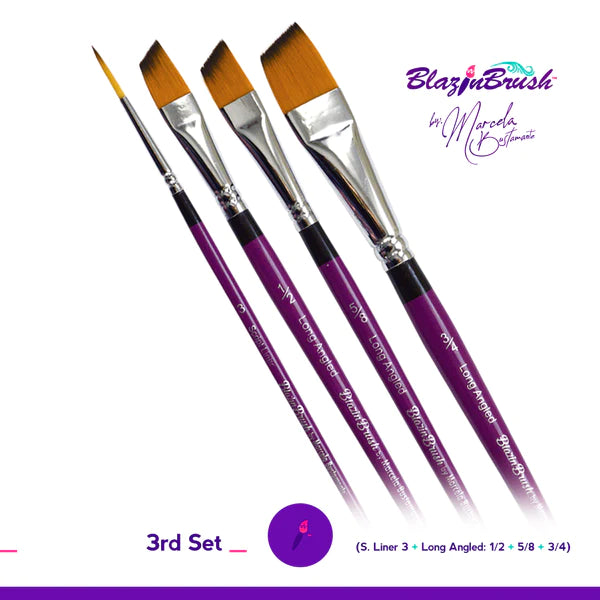 Blazin Brush Long Angled Makeup Brush Set - 4 Piece Professional Cosmetic Brushes for Foundation, Contouring & Blending | Perfect for Makeup Artists & Beauty Enthusiasts