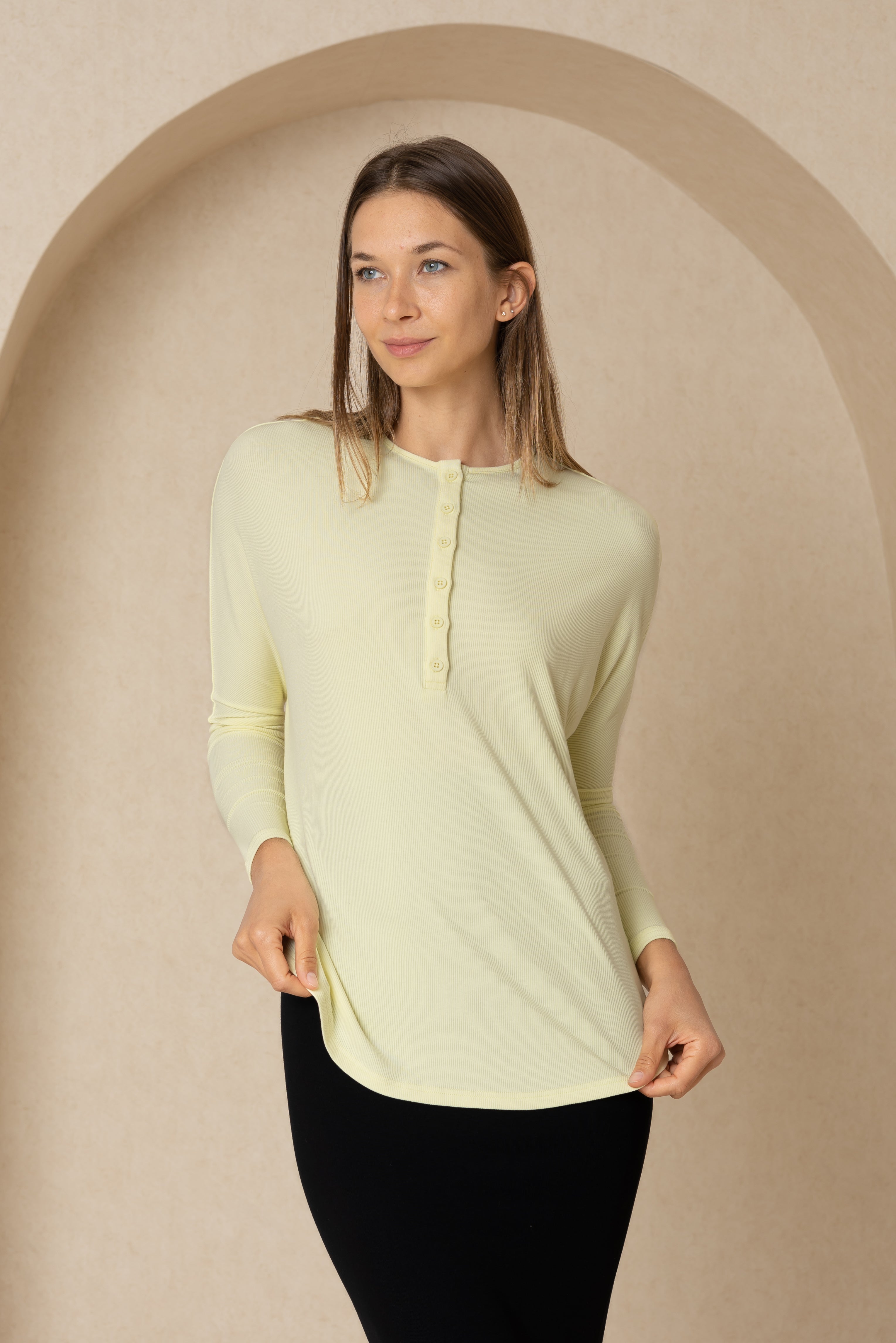 Yellow Henley Dolman Tee for Women - Soft Casual Short Sleeve Shirt - Perfect for Summer Outfits, Beach Wear & Everyday Comfort