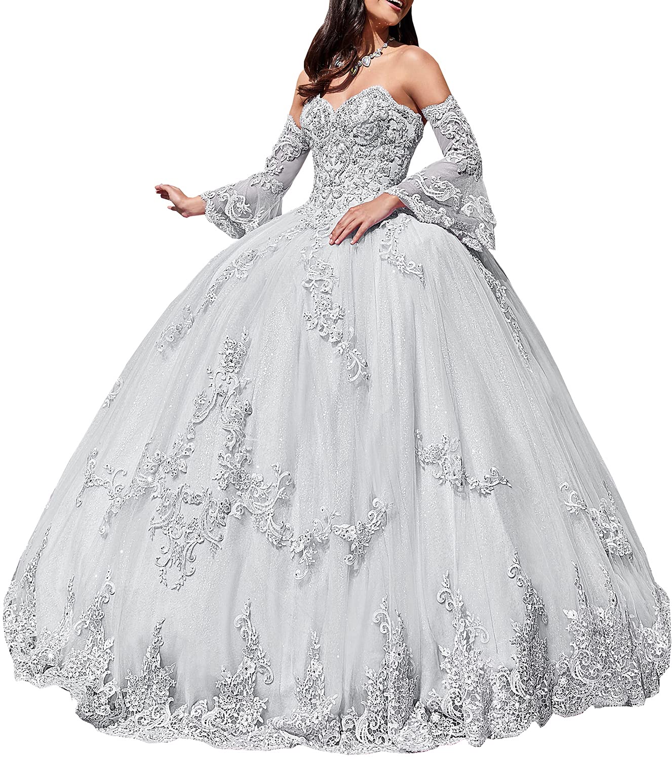 Elegant Ball Gown Lace Quinceanera Dress for Women - Sweetheart Neckline Long Sleeve Prom Dress with Appliqued Beading | Perfect for Quinceañeras, Prom Nights, Formal Parties and Special Occasions