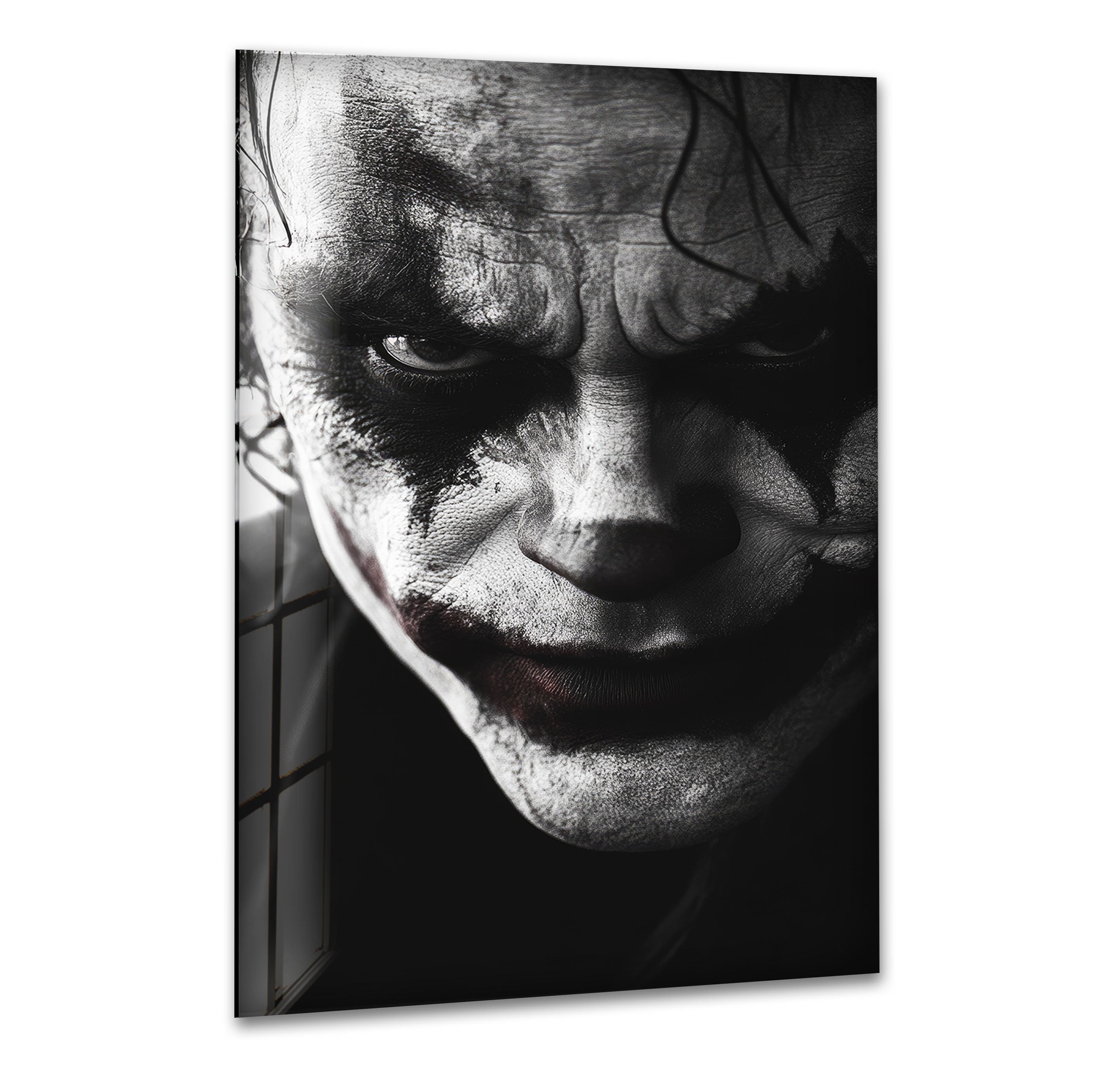 Black and White Joker Glass Wall Art - Modern Home Decor for Living Room, Bedroom & Office - Unique Superhero Themed Glass Painting