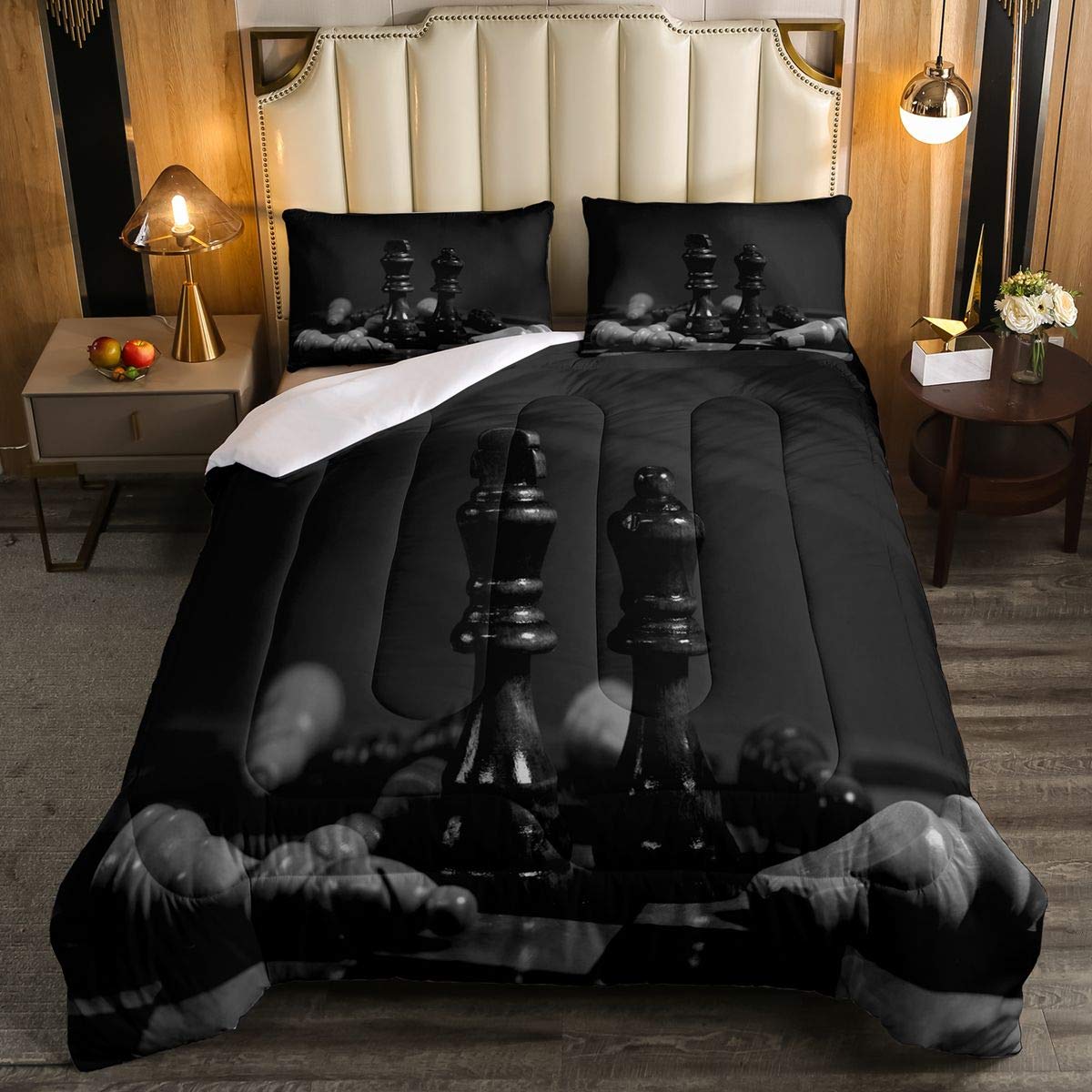 Feelyou International Chess Comforter Set - Ultra Soft Chess Theme Bedding for Kids & Teens | Queen Size Black Duvet Cover | Perfect for Chess Lovers' Bedroom Decor & Competitive Game Nights