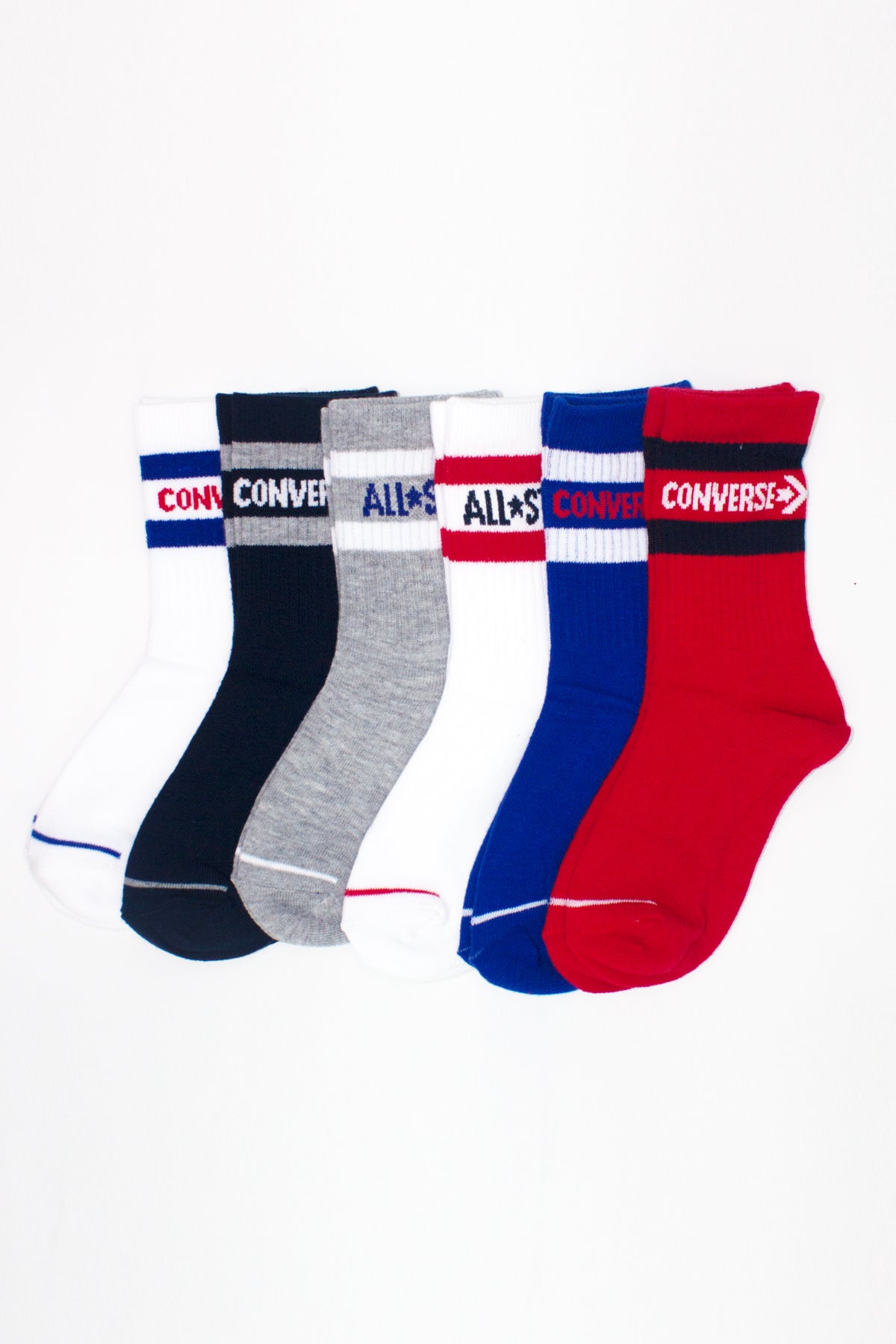 Converse Boys' Crew Socks 6-Pack - Soft Cotton Ankle Socks for School, Sports & Everyday Wear - Kids' Comfortable Sock Set (6 Pairs)