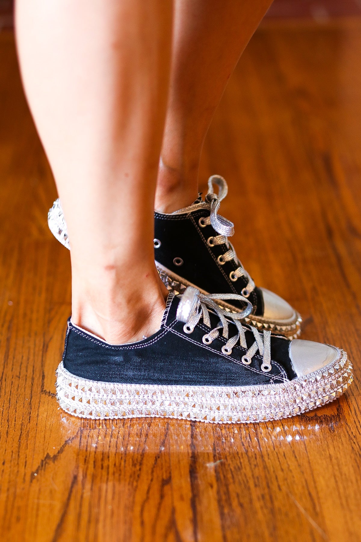 Black Studded Canvas Sneakers for Women - Trendy Punk Style Casual Shoes - Perfect for Streetwear, Concerts & Everyday Fashion