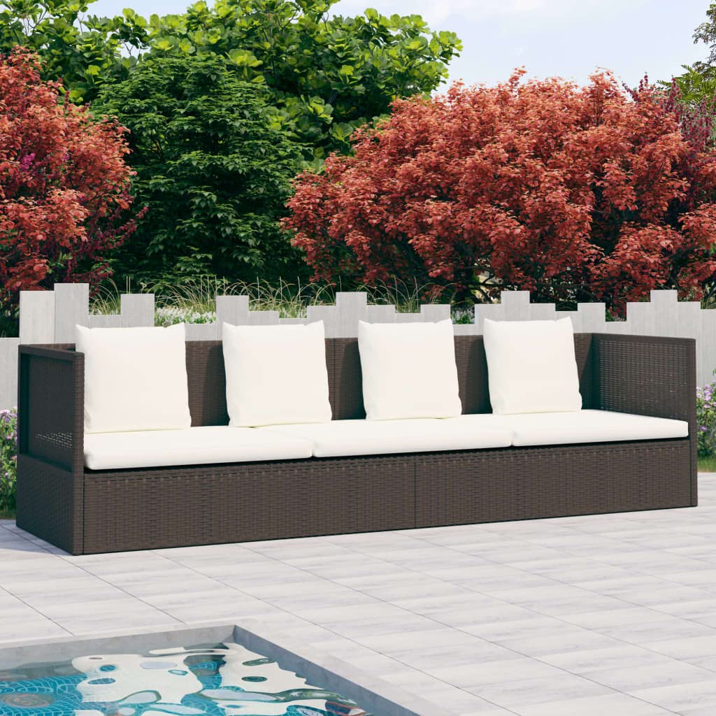 Brown Poly Rattan Patio Lounge Bed with Cushion & Pillows for Outdoor Relaxation