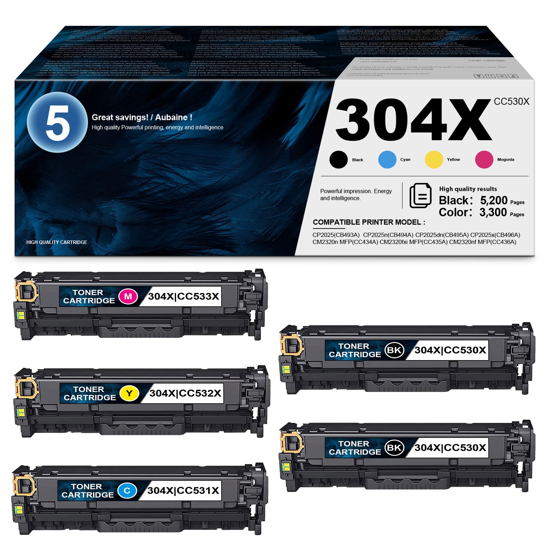 HP 304X CC530X CC531X CC532X CC533X Compatible Toner Cartridge Replacement (5-Pack, 2BK+1C+1M+1Y) for CP2025 CP2025n CP2025dn CM2320fxi MFP Printers - Ideal for Office & Home Printing Needs