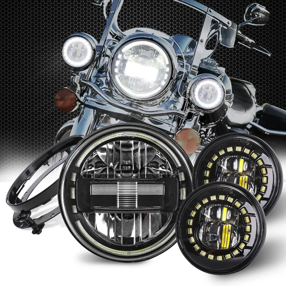 LOYO 7 Inch King Kong LED Headlight & 4.5 Inch Passing Light Kit for Harley Davidson Motorcycles - High Visibility Day/Night Riding, Cruiser & Touring Bike Accessories