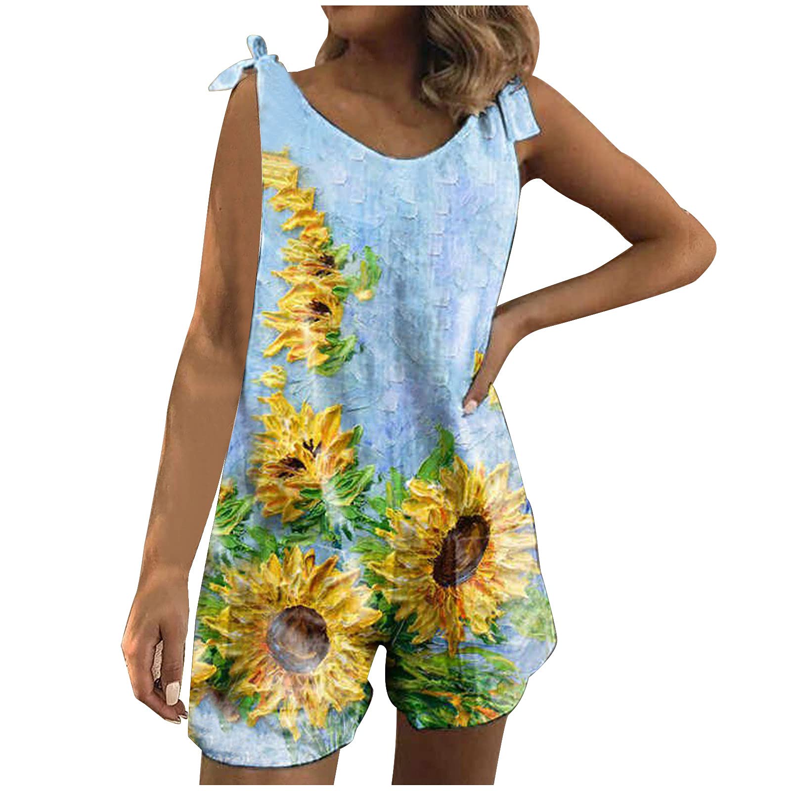 Women's Linen Off-Shoulder Jumpsuit Romper - Printed Beachwear Tank Shorts with Wide Leg Design for Summer Vacation, Pool Party & Casual Outings