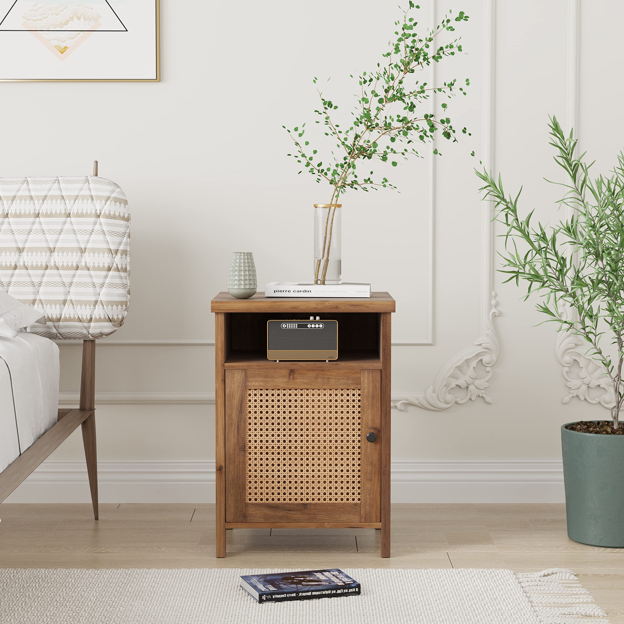Rattan Bedside Table with Single Door & Drawer - Yellow Nightstand Cabinet for Bedroom Storage | Perfect for Small Spaces, Guest Rooms & Apartment Living