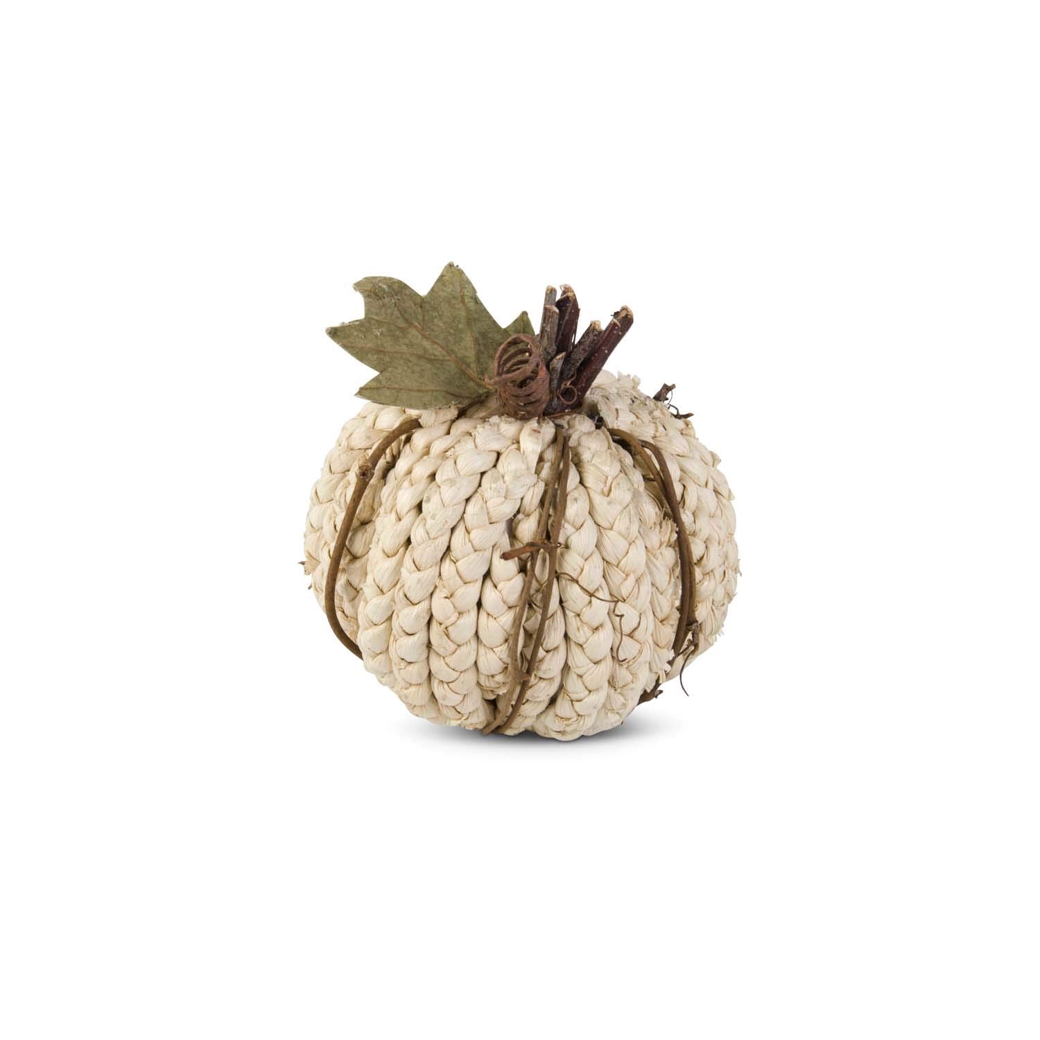 K&K Interiors 4.5 Inch Cream Braided Cornhusk Pumpkin with Grapevine Accents - Fall Home Decor for Thanksgiving, Autumn Table Centerpiece, and Seasonal Farmhouse Decor