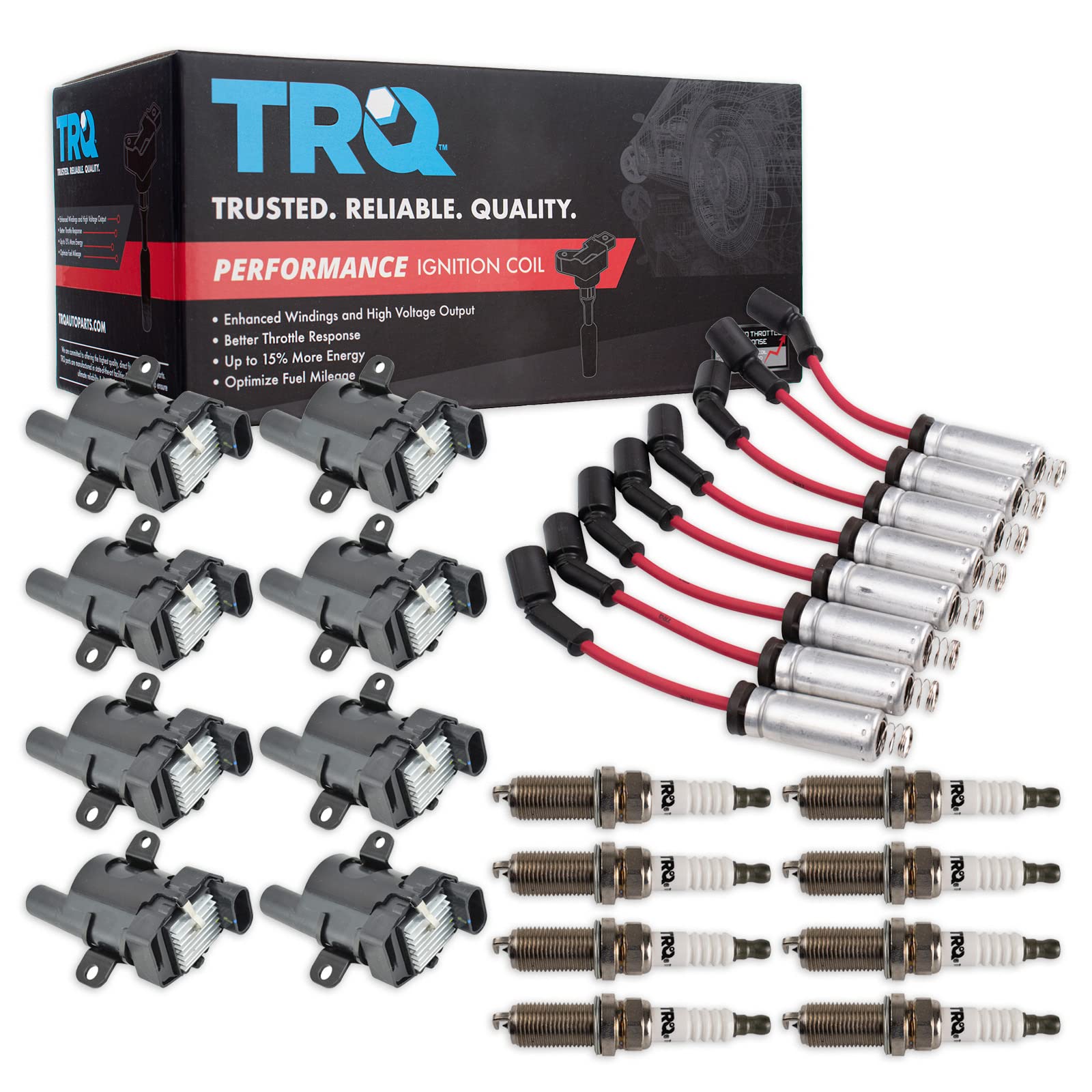 TRQ Performance Ignition Coil & Spark Plug Wire Set - Compatible with 02-06 Cadillac, 99-07 Chevrolet GMC, 03-07 Hummer H2 - Improves Engine Performance & Fuel Efficiency - Perfect for DIY Auto Repairs & Performance Upgrades