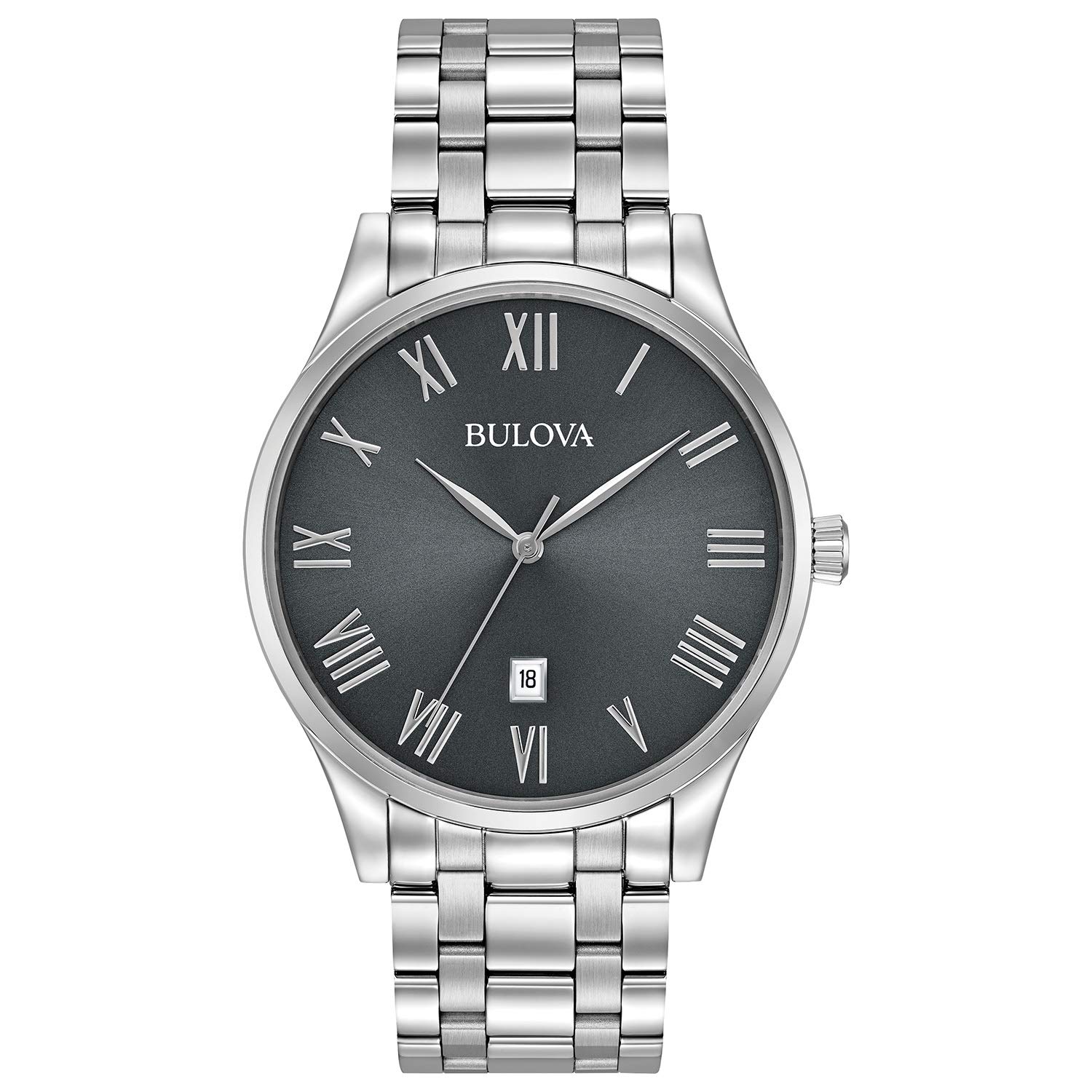 Bulova Men's Classic Stainless Steel Quartz Watch with Date Calendar - Grey Roman Numeral Dial 96B261 | Perfect for Business, Formal Events & Everyday Wear