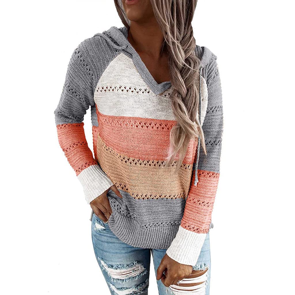 FMCHICO Women's Color Block Striped Hoodie Sweater - Long Sleeve Casual Loose Knit Pullover Sweatshirt Top for Fall & Winter | Cozy Outfit for Daily Wear, Lounge, Travel & Street Style