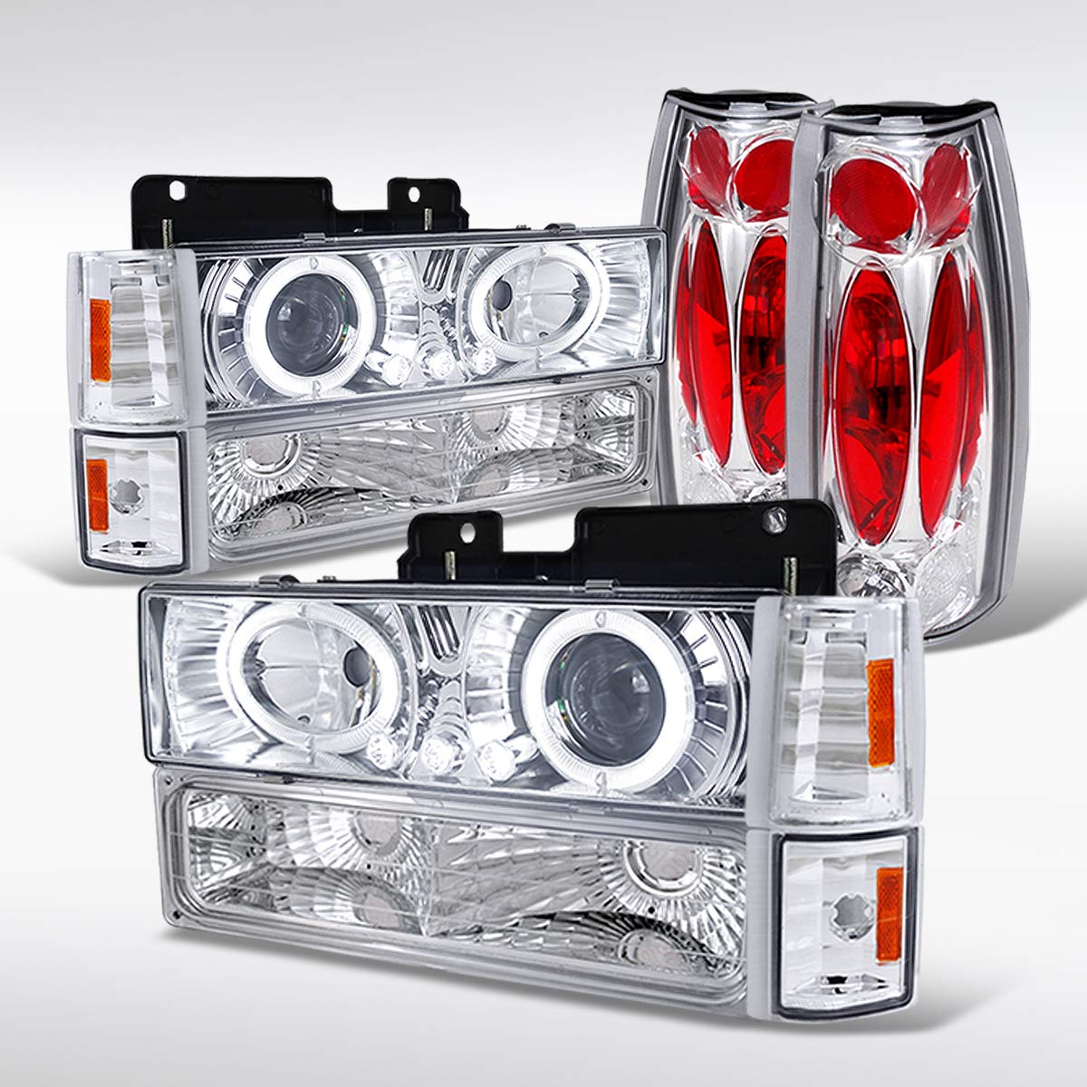 Spec-D Tuning LED Halo JDM Chrome Projector Headlights with Bumper Fog Lamps - Compatible with GMC C10 (Left & Right Pair) - High-Performance Headlight Assembly for Improved Night Driving & Custom Car Styling
