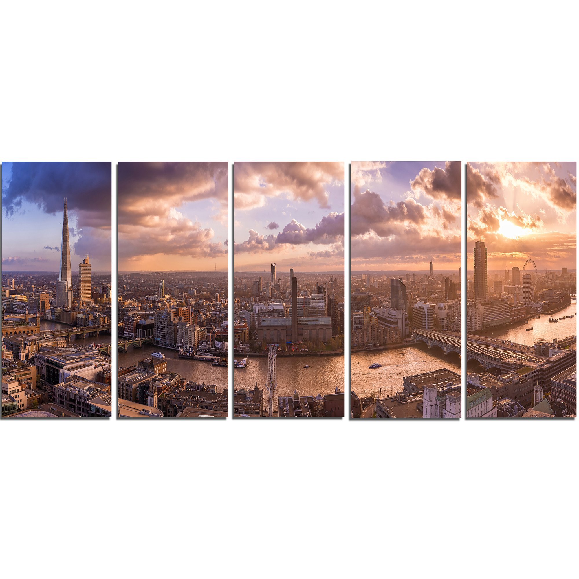 Sunset Through Clouds in London - Premium Metal Wall Art Decor - 5 Panel Set (60x28 Inches) - MT7202 - Perfect for Living Room, Bedroom & Office