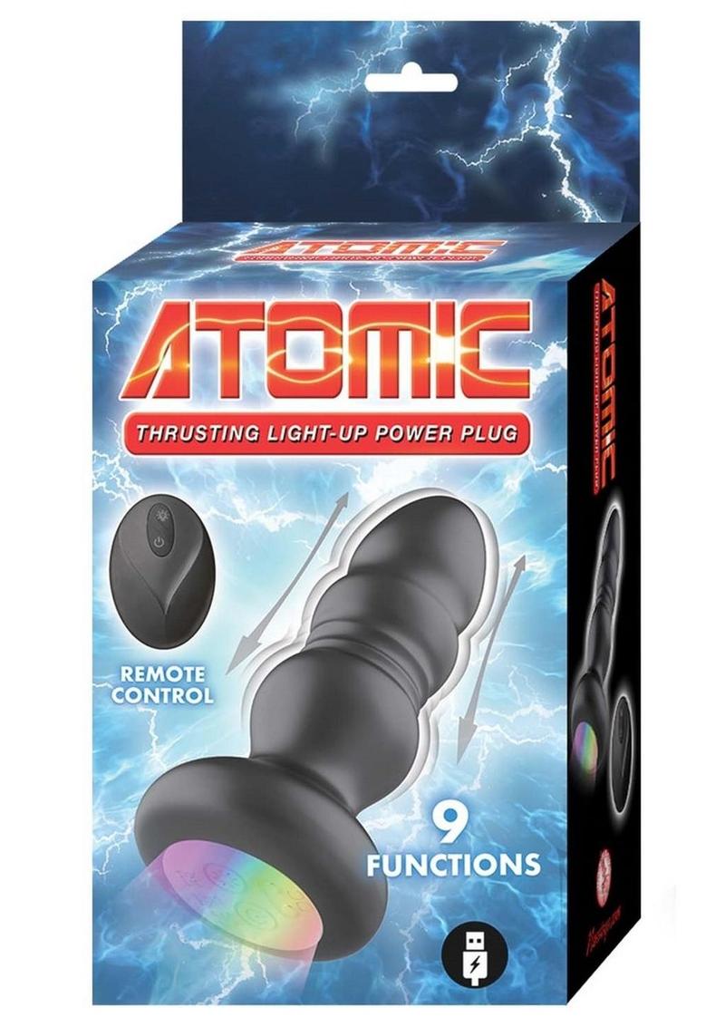 Rechargeable Silicone Power Plug with Remote Control - Atomic Thrusting Light Up Adult Toy for Couples & Solo Play - Black