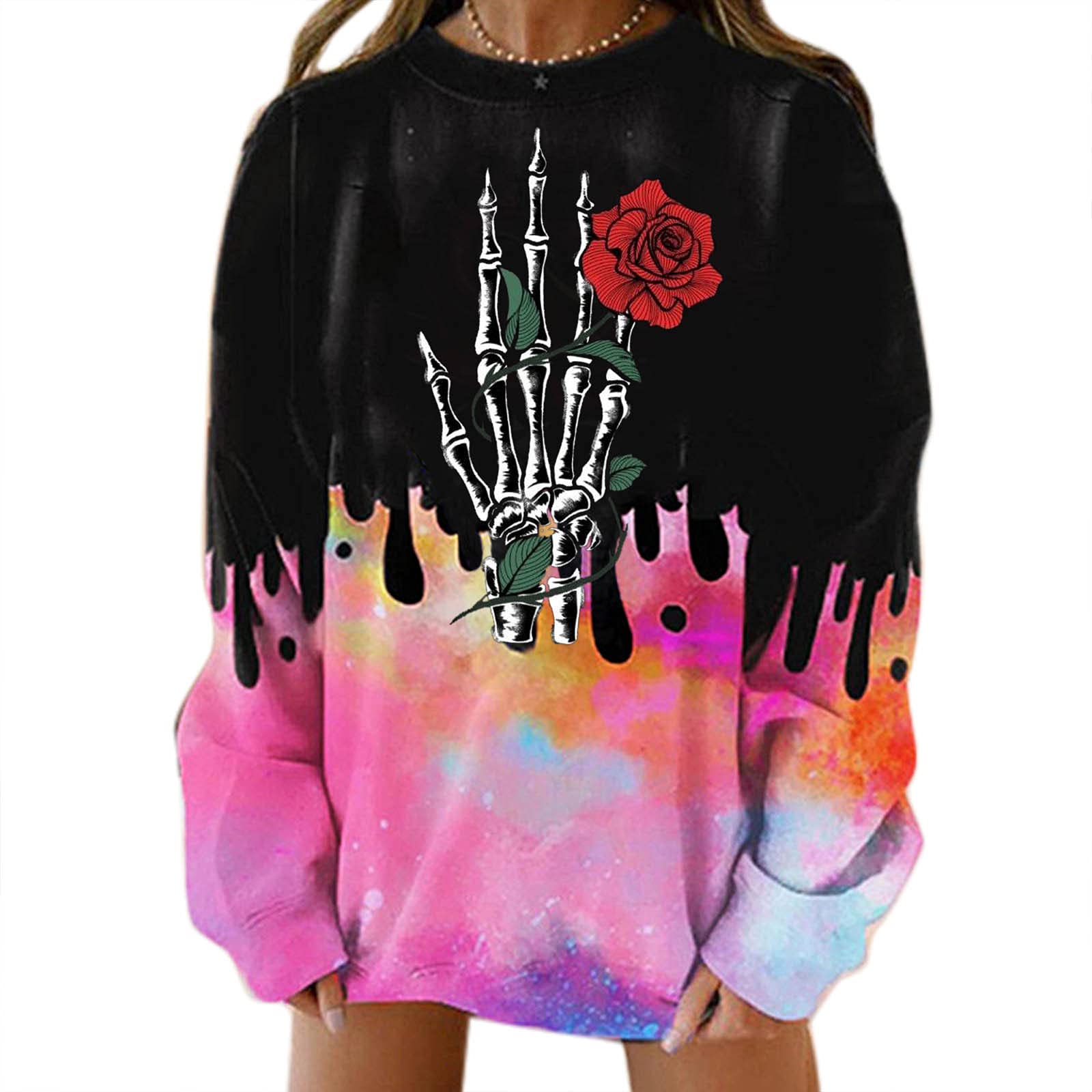 Women's Halloween Skeleton Tie-Dye Printed Loose Fit Long Sleeve Crewneck Pullover Hoodie - Black Casual Sweatshirt for Costume Parties, Trick or Treating & Spooky Season Outfits