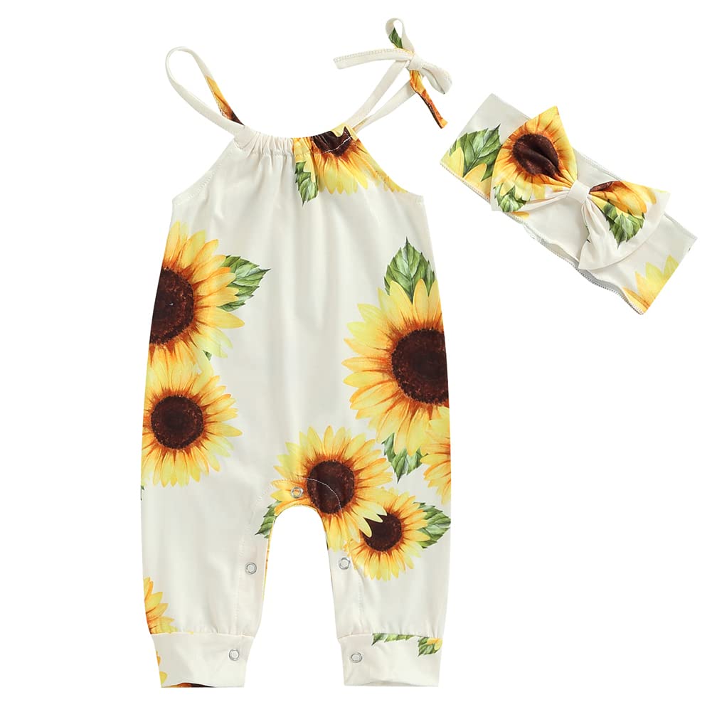 Sunflower Baby Girls Jumpsuit - Floral Spaghetti Strap Romper with Bow Headband | Summer Outfit for Infants, Photoshoots & Special Occasions