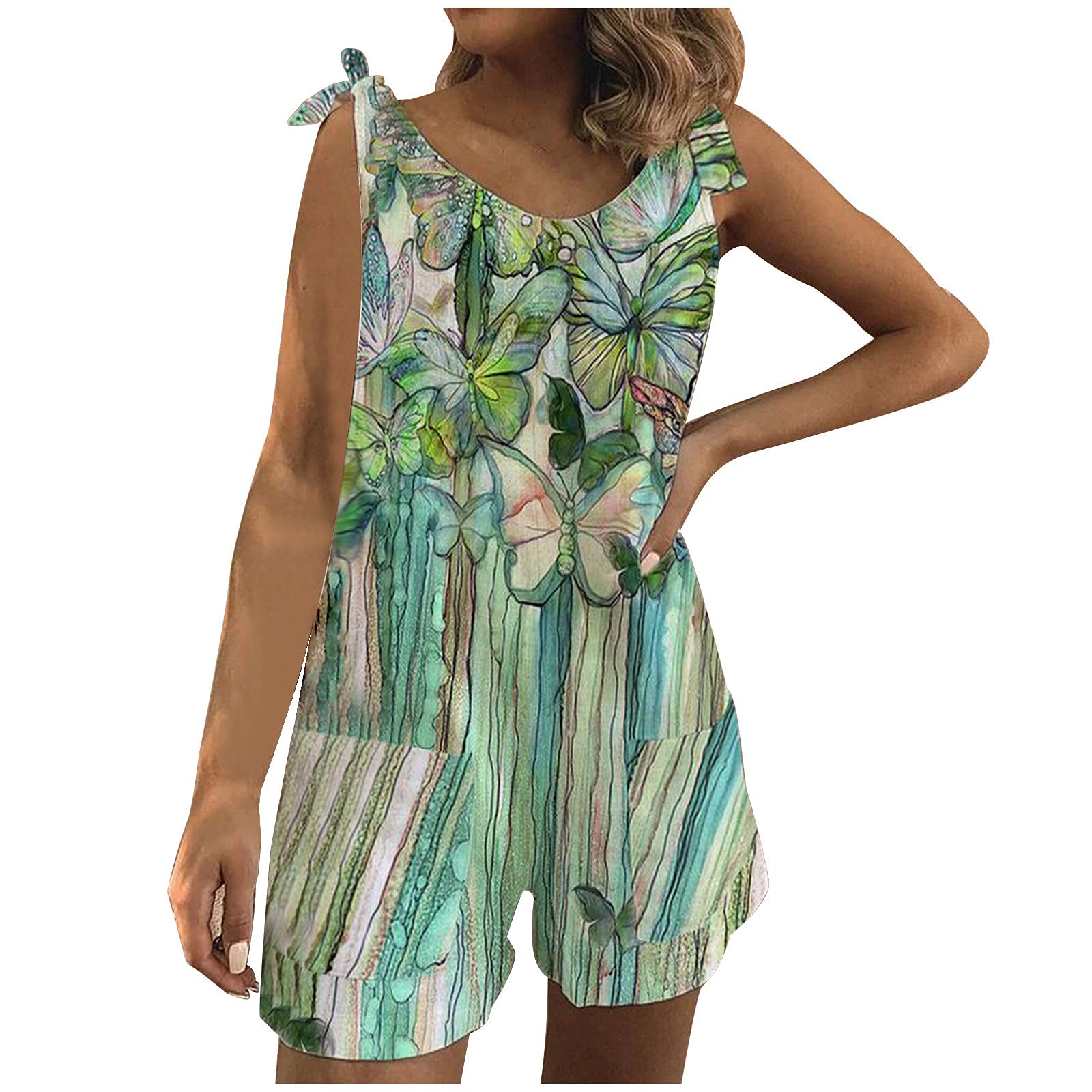 Women's Linen Off-Shoulder Jumpsuit Romper - Printed Beachwear Tank Shorts with Wide Leg for Summer Vacation & Casual Outings